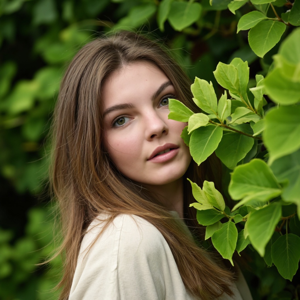 A portrait camren_bicondova with long, brown hair, set against a backdrop of lush green foliage. The woman's face is turned slightly to the left, revealing her eyes and lips. She wears a light-colored, off-white top. The leaves surrounding her are a vibrant green, and the background is blurred, emphasizing the subject. The image style is candid and natural, capturing a serene moment.