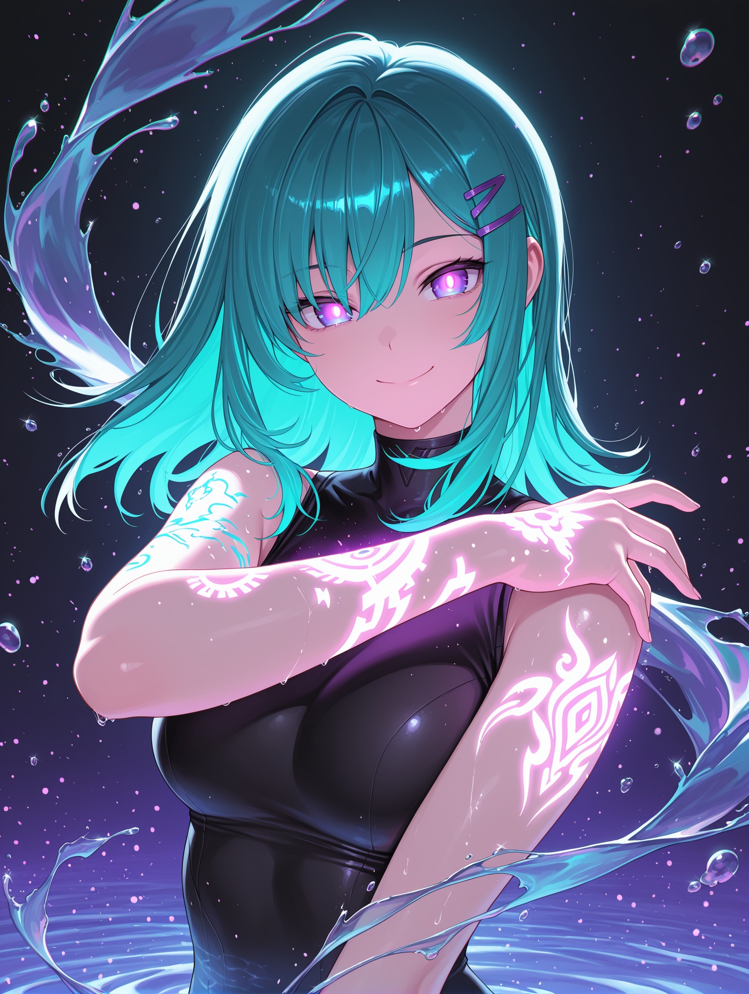 1girl, long hair, medium hair, two-tone hair, aqua hair, purple pupils, hairclip, floating water, particles, tattoos on arms, glowing tattoos, glowing pupils, smile, ,,masterpiece,best quality,amazing quality,