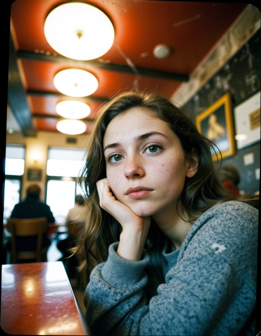 european woman 25 years old sitting at cafe,  watching away,  from below on Tensor.Art