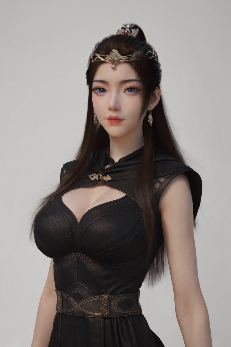 score_9,score_8_up,score_7_up,incredibly absurdres,<lora:SF_YuanYaoBlackClothes_Pony-000004:0.7>,1girl,solo,black dress,large breasts,lips,jewelry,earring,long hair,looking at viewer,white background,