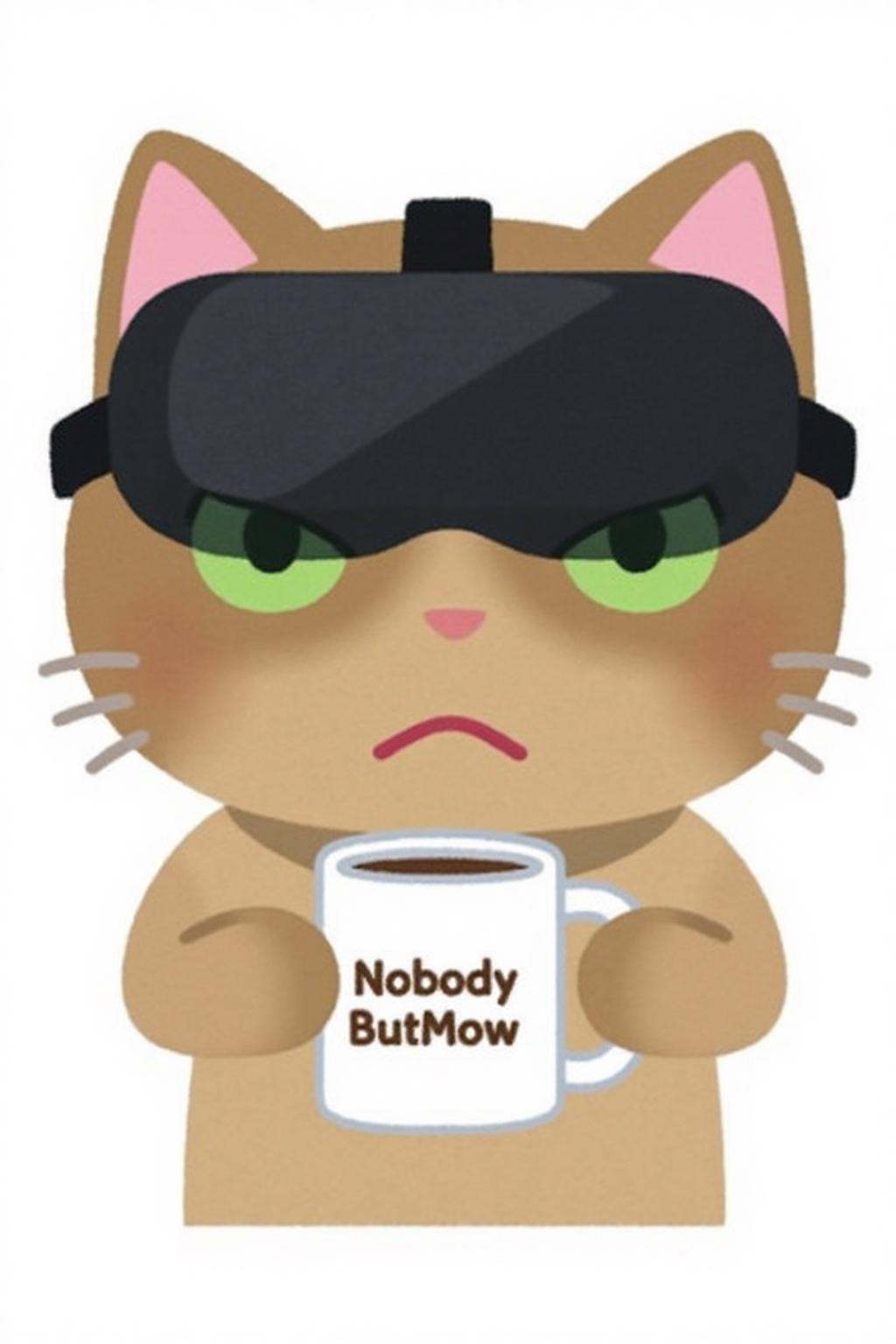 irasutoya1 illustration.Grumpy Cat holding a coffee mug,  wearing a VR Headset. The mug has the phrase "NobodyButMeow" pri...