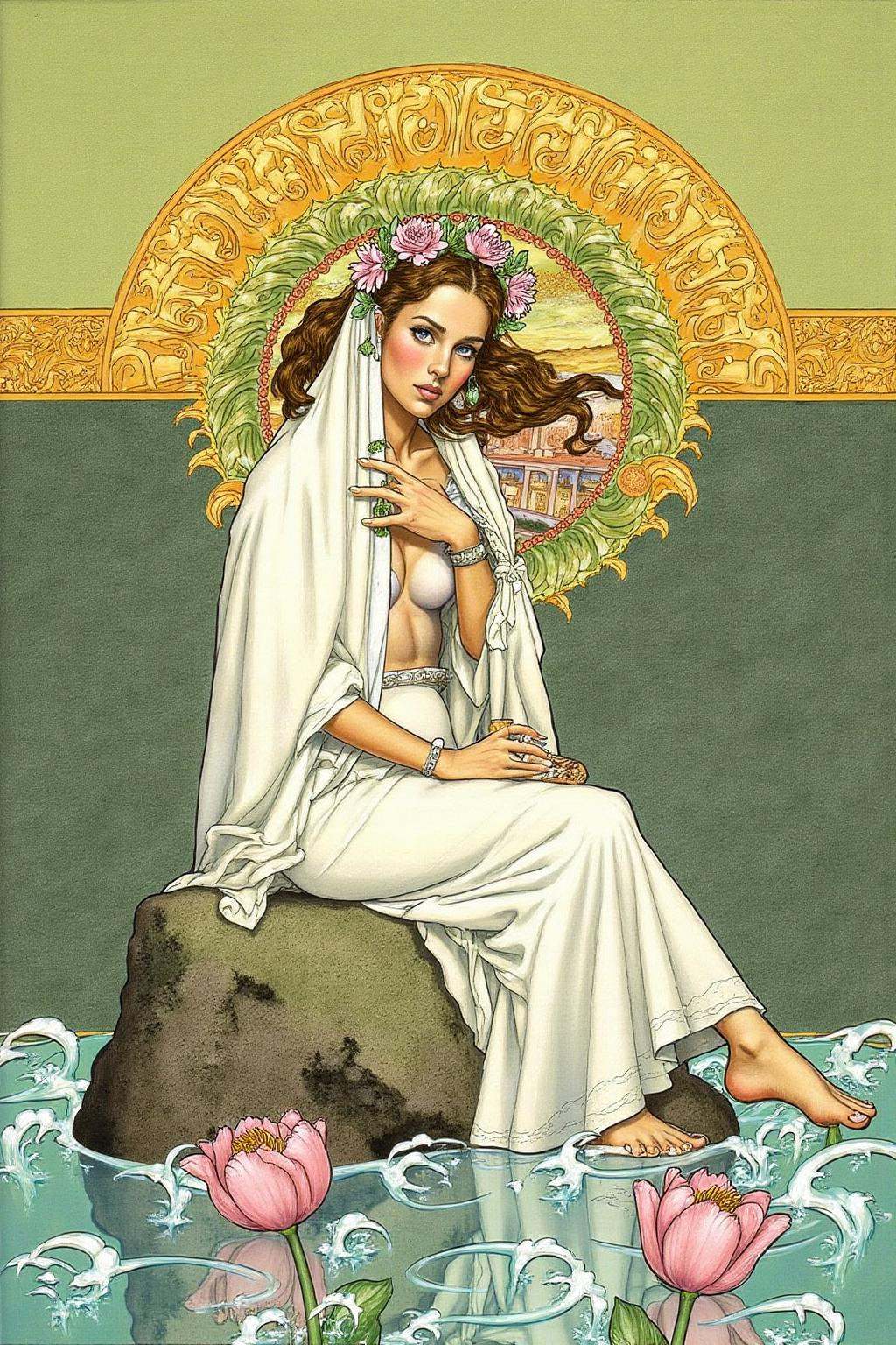 jole1 illustration.itacomic1 illustration of a woman in a white dress,  adorned with a flower crown,  sits on a rock. The...