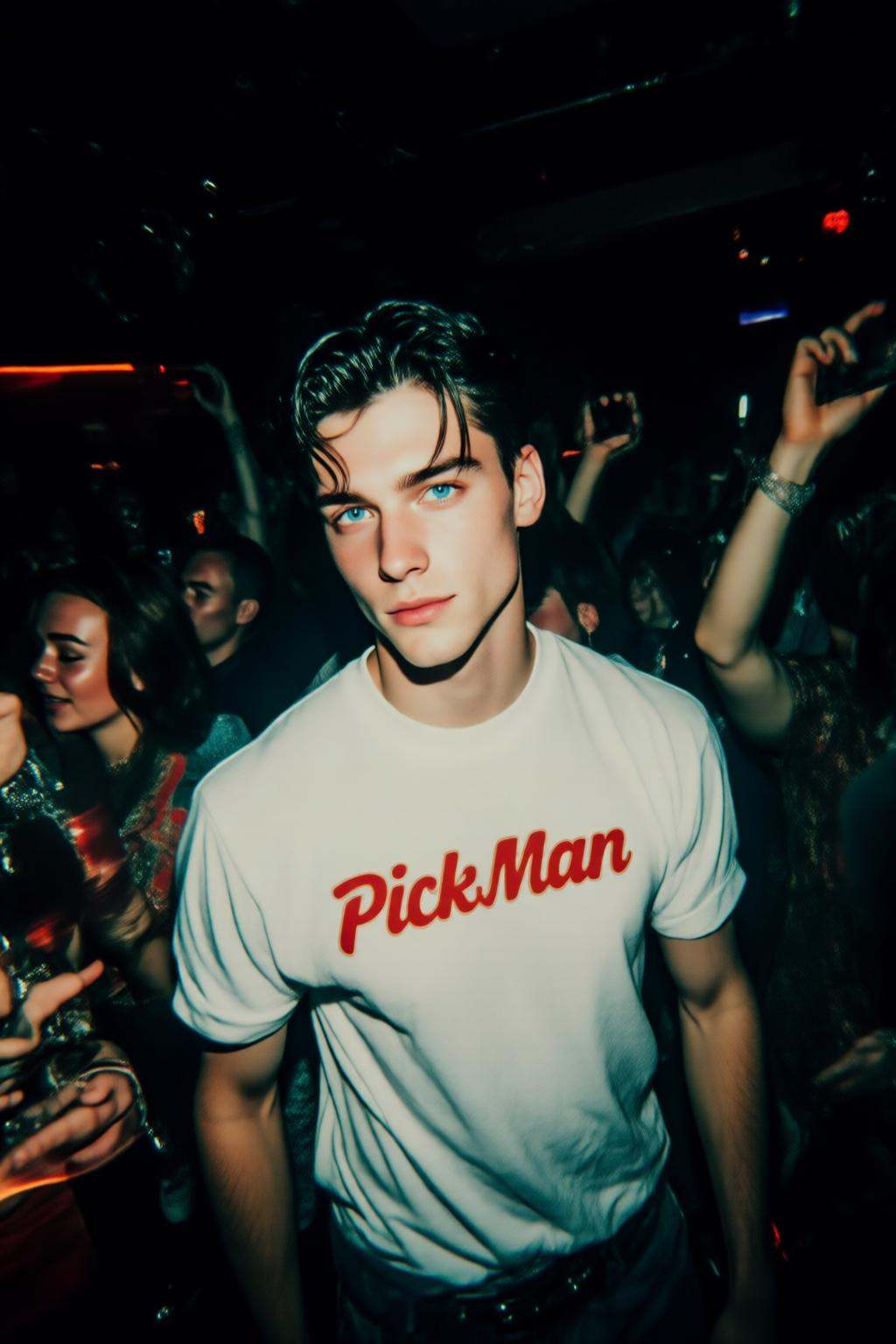 midjourneyanalog9 photograph.A young man with dark,  short,  slick hair and blue eyes in a white t-shirt with the text "Pi...