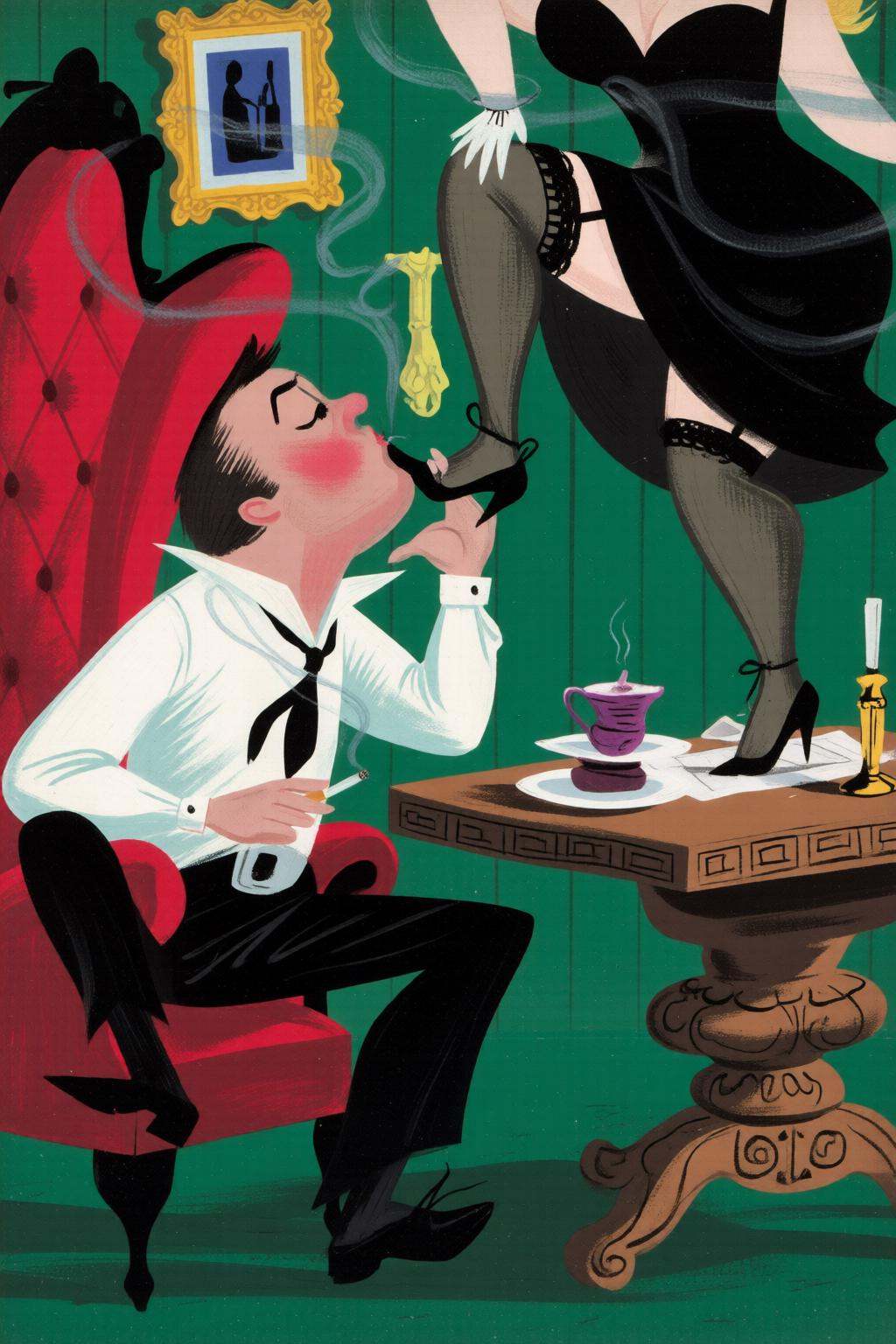 maryblair4q illustrationjackvettriano1. A seated man kissing the raised foot of a woman. On the left is the man,  shown in...