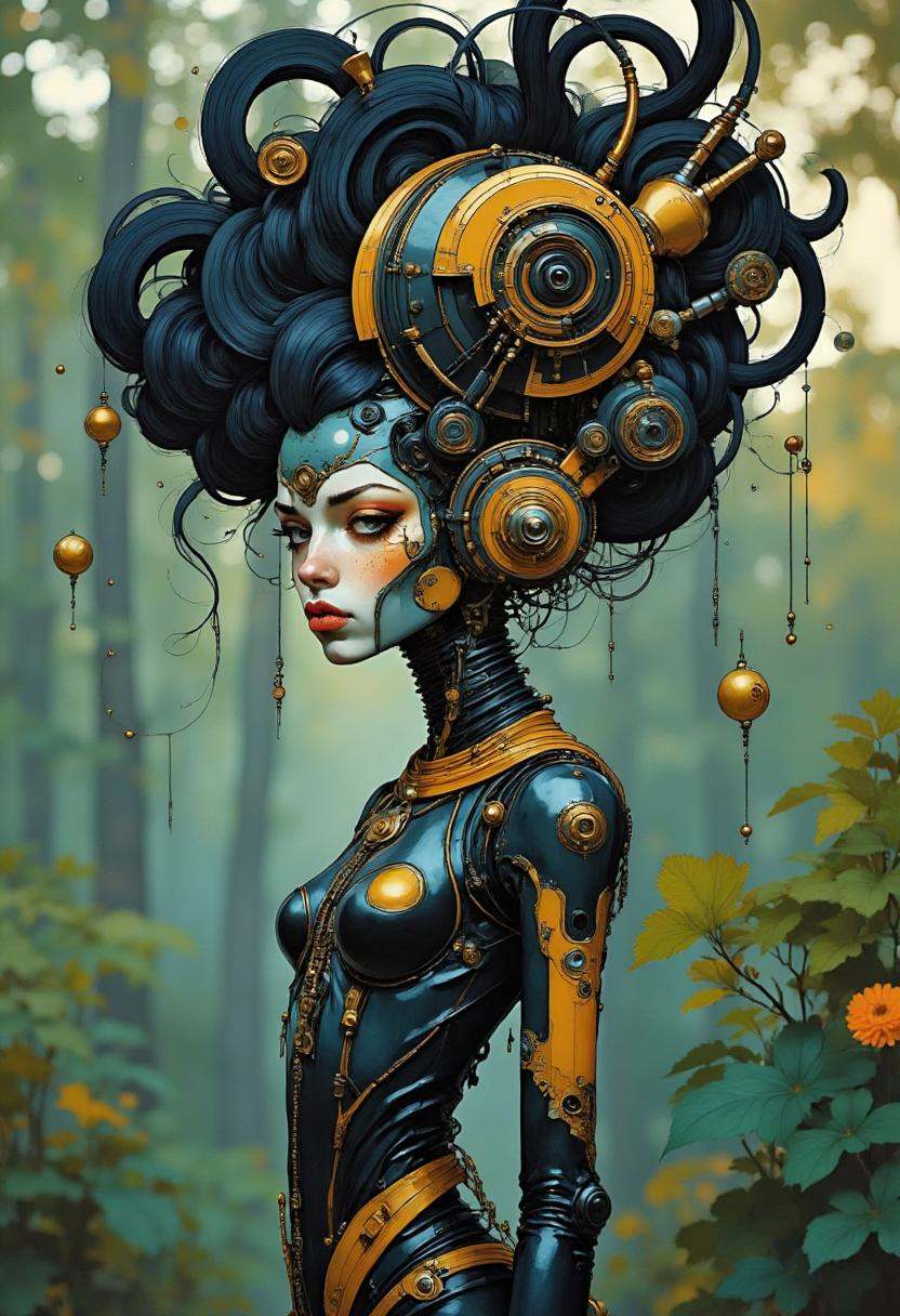 A digital illustration featuring a swamp,  Gothic + biomechanical model of an Astral Shaman robot voodoo geisha with a hug...