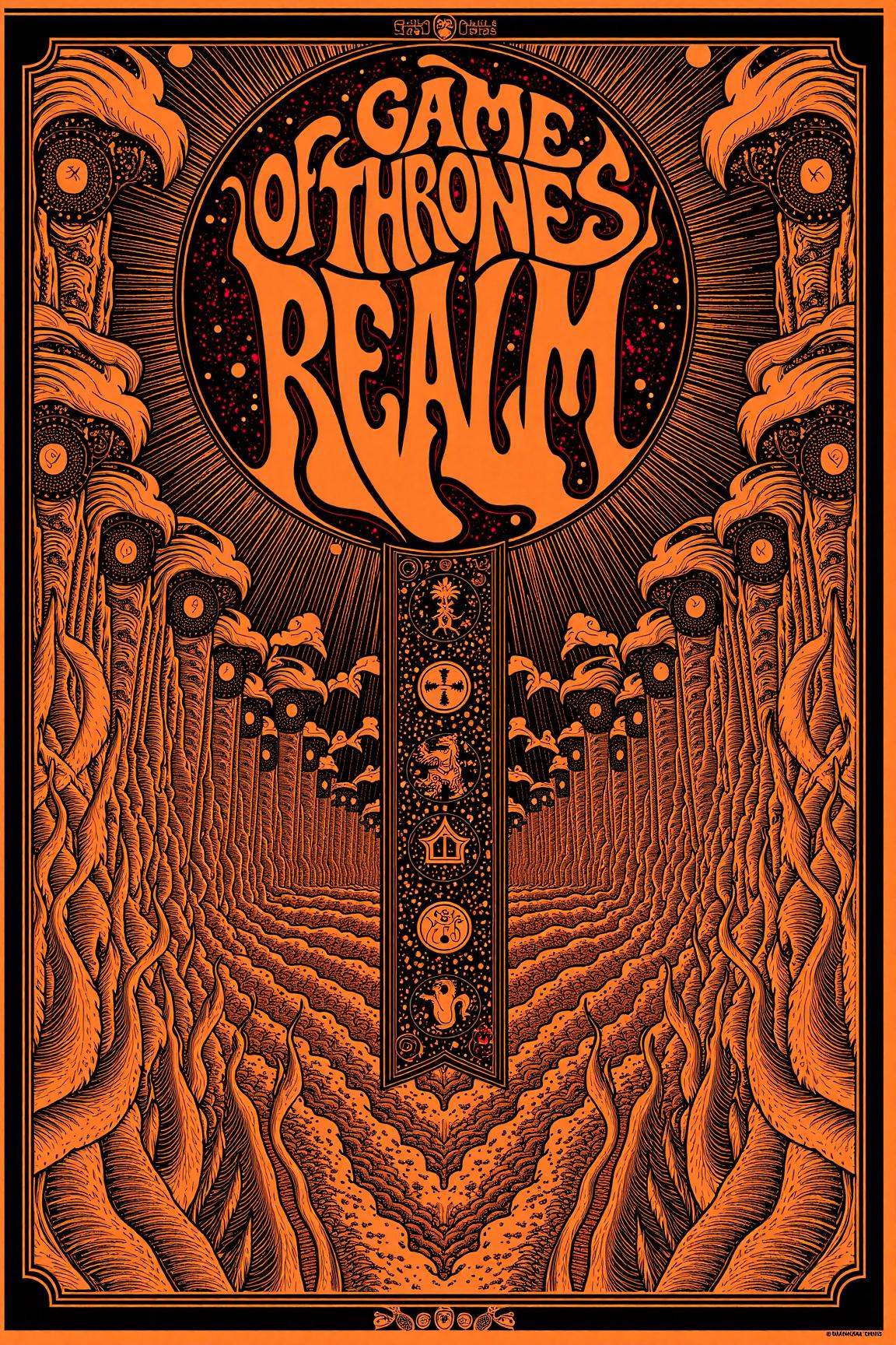 psypop,  70s psychedelic style poster of a "Game of Thrones Realm" psychedelic 1970s pop art poster,  vibrant Westeros lan...