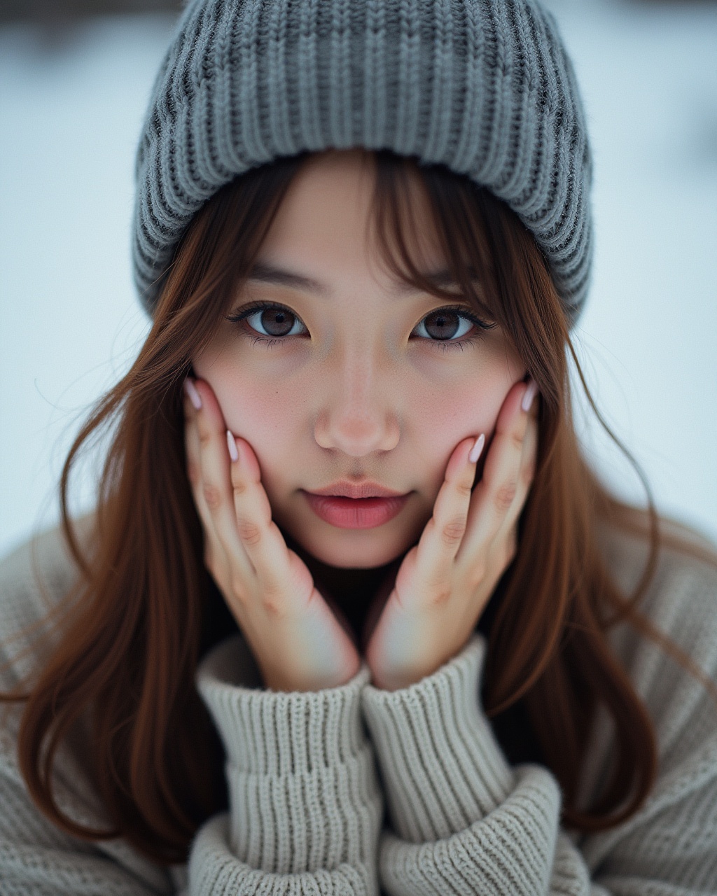 best quality,  masterpiece,  analogue photo of ***** girl in sweater and sweater hat on Tensor.Art