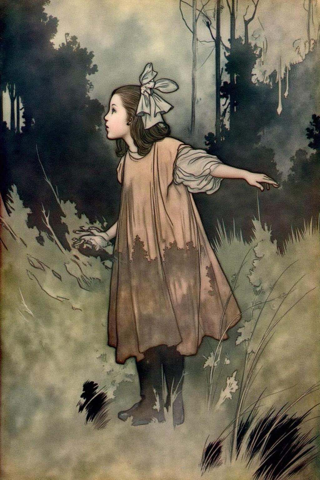 charob1 illustration.Profile of a young girl standing in a misty,  forested scene. She is positioned slightly to the right...