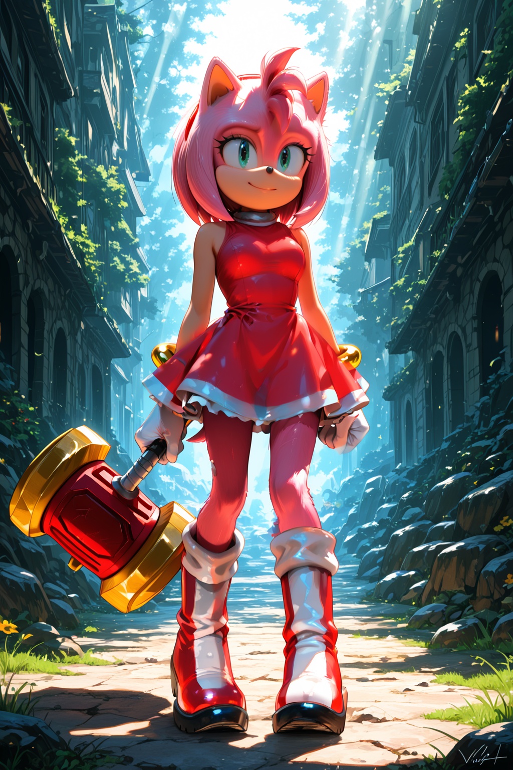 Amy Rose,  the pink hedgehog from Sonic the Hedgehog,  standing confidently with her signature Piko Piko Hammer on Tensor.Art