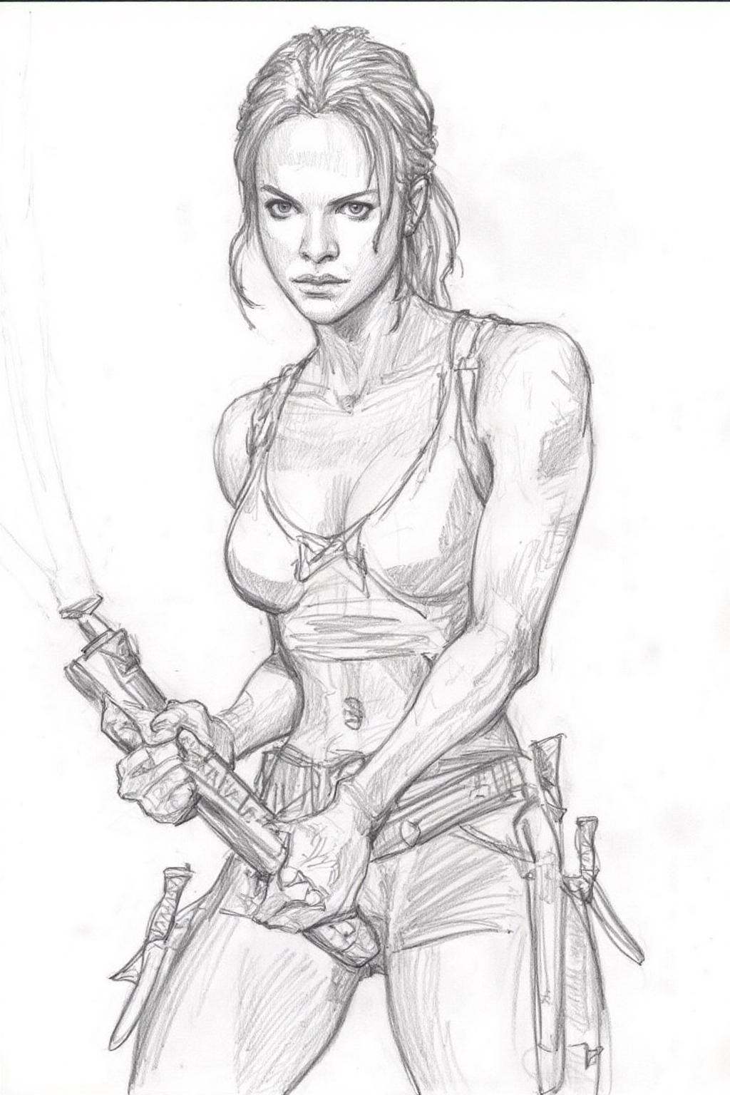 Pencil sketch.Portrait of Lara Croft. She is wearing **** top and shorts,  holding a lightsaber in a ready stance with bot...