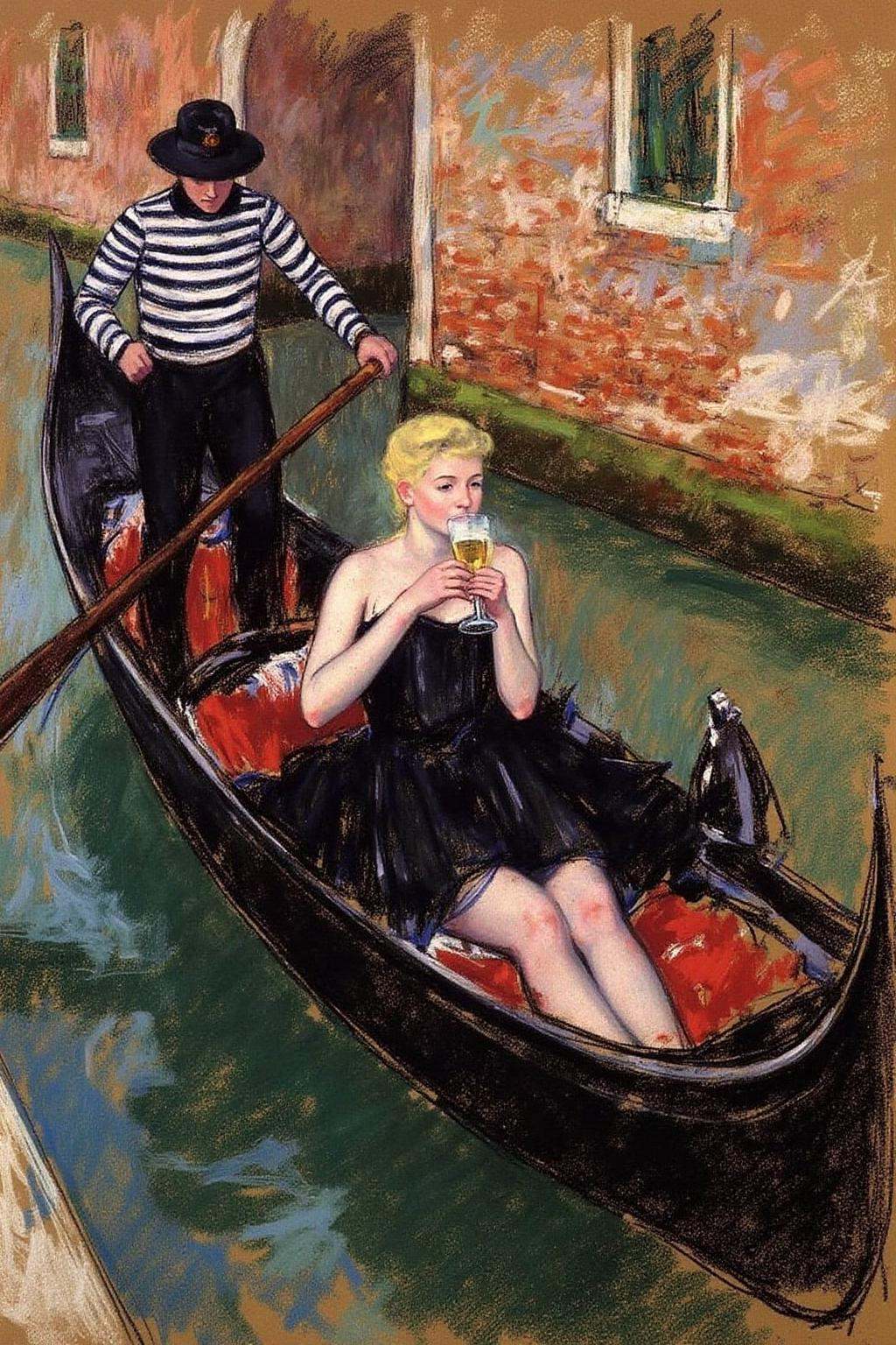 marycassatt2 drawing.a blonde woman sitting in a gondola as it glides along a narrow canal. She is dress in a black little...