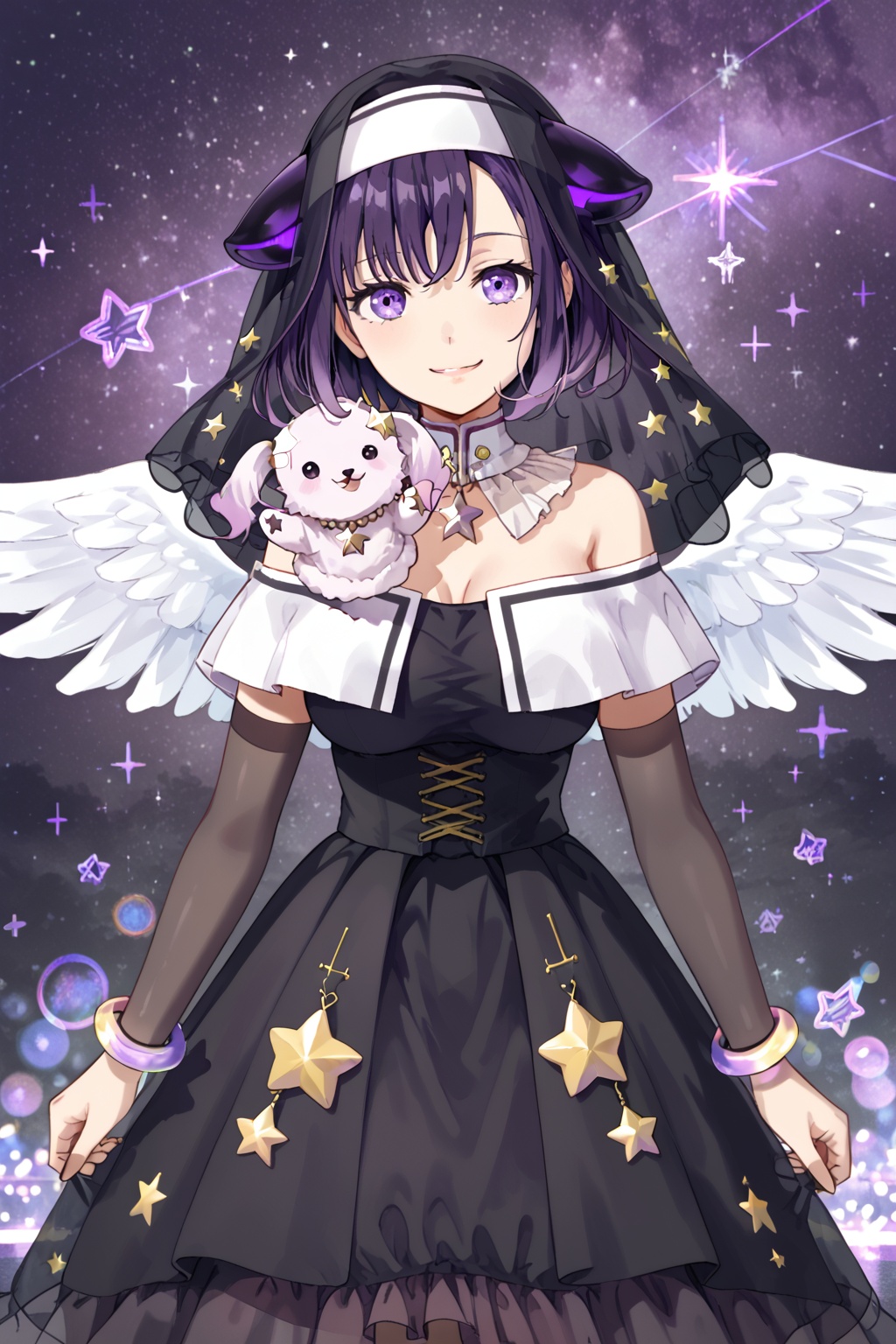 Fuji Miyako,breasts,smile, short hair, bangs, black hair, closed mouth,purple eyes, purple hair,horns, virtual youtuber, star \(symbol\), animal, veil, feathered wings, nun, habit<lora:藤都子:0.8>
