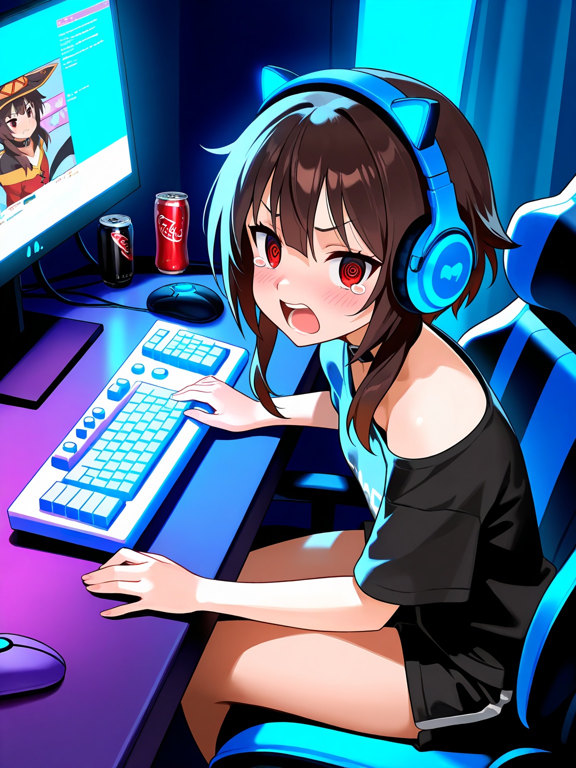 masterpiece, Megumin, 1 girl, solo, red eyes, Spiral eyes, short hair, brown hair, sitting on a gaming chair, a black-and-red armchair, black gaming headphones on her head, wearing a black T-shirt, black shorts, not a satisfied expression on her face, screaming, scream effects, evil, tears in my eyes from anger, blush, a private room, not an empty room, her personal belongings, a gaming area, a bright expensive gaming computer, a mechanical keyboard on the table, a gaming mouse on the table, a wide gaming monitor on the table, anime Megumin figures on the gaming table, RGB backlight on and under the gaming table, there is an open can of soda on the gaming table, Coca-Cola, dark room, only light from the computer, scream effects, looks at the viewer, everything is clear, evil, beautiful, colorful, masterpiece, excellent light, multi-colored light source, good post-processing, good hands, beautiful face, beautiful body, beautiful picture, 8K, detailed keyboard, detailed desk, detailed monitor, more bright colors, anime Megumin figures on the gaming table, detailed Megumin figures, neon, lots of bright colors