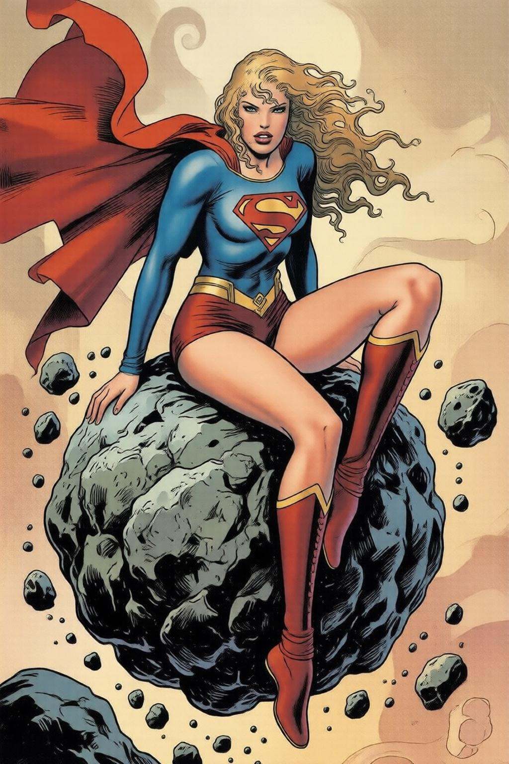 milomanara7q illustration. Supergirl posing while sitting on top of a meteorite. She has long,  flowing blonde hair,  styl...