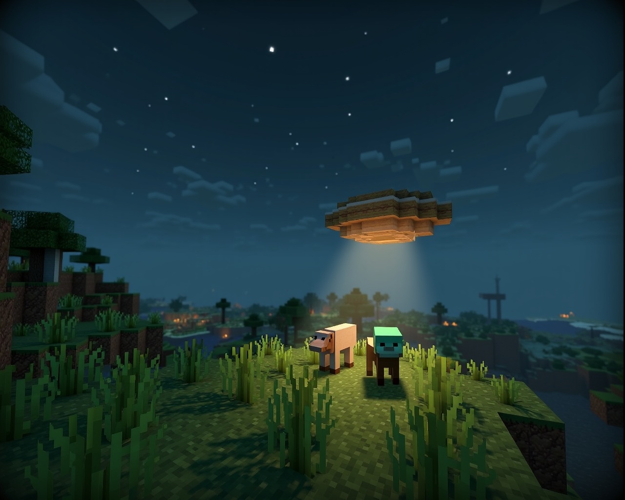 Cub3W0rld,  open grassland,  hovering blocky saucer on Tensor.Art