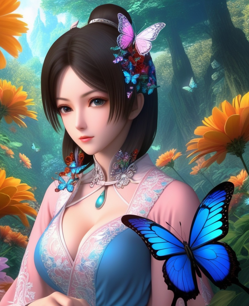 <lora:843-DA-XL-元龙-宋嫣:0.8>, (,1girl, ,best quality, ),,,anime,(masterpiece, top quality, best quality, official art, beautiful and aesthetic:1.2), (1girl)	, , (cleavage),, extreme detailed,(fractal art:1.3),colorful, flowers ,highest detailed,()    (cleavage),butterfly,  (),