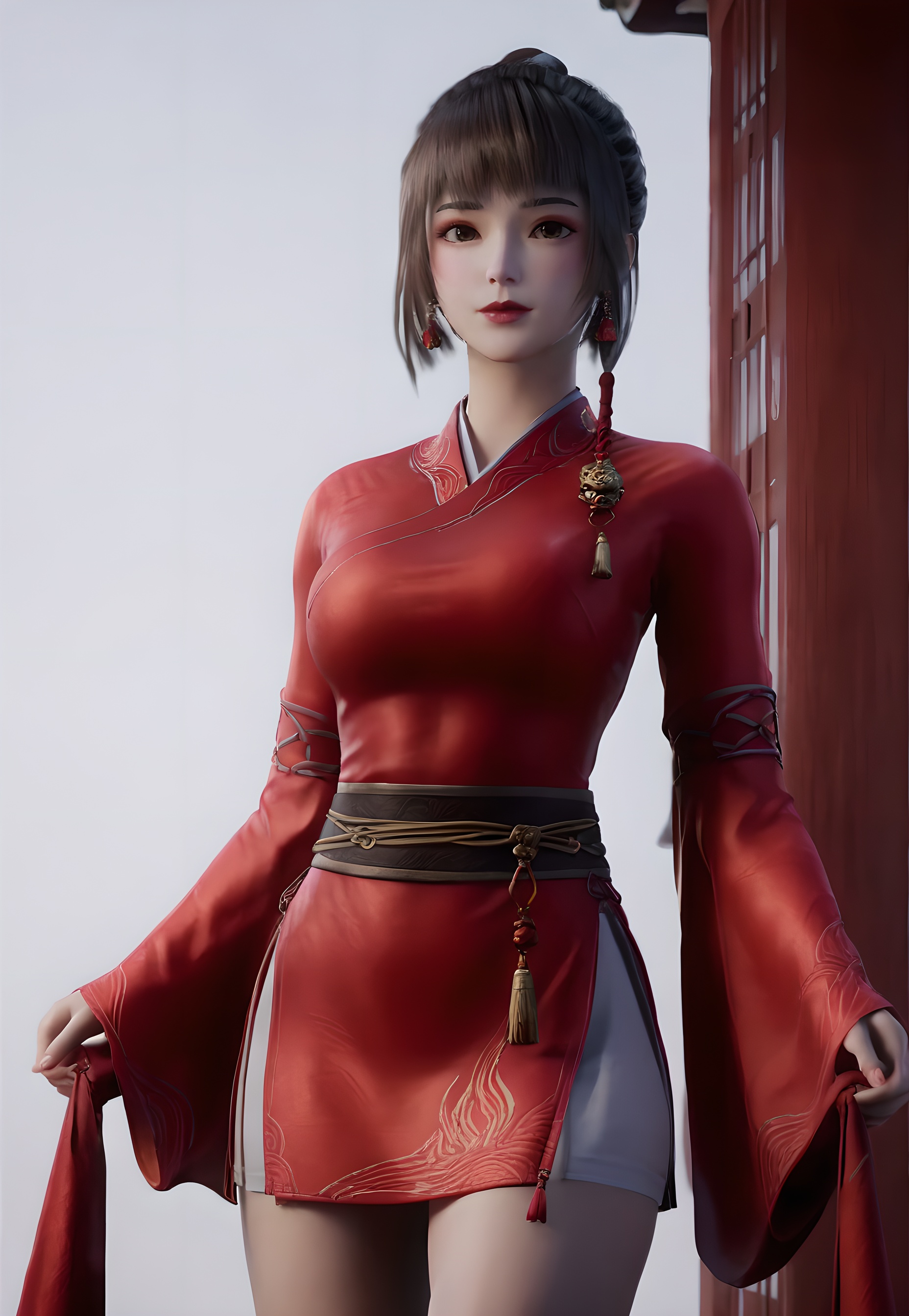 score_9,score_8_up,score_7_up,<lora:SF_FangXiaoLin_Pony-000002:0.7>,1girl,solo,standing,red chinese clothes,short  skirt,long sleeves,breasts,large breasts,red lips,jewelry,hair ornament,earring,looking at viewer,white background,