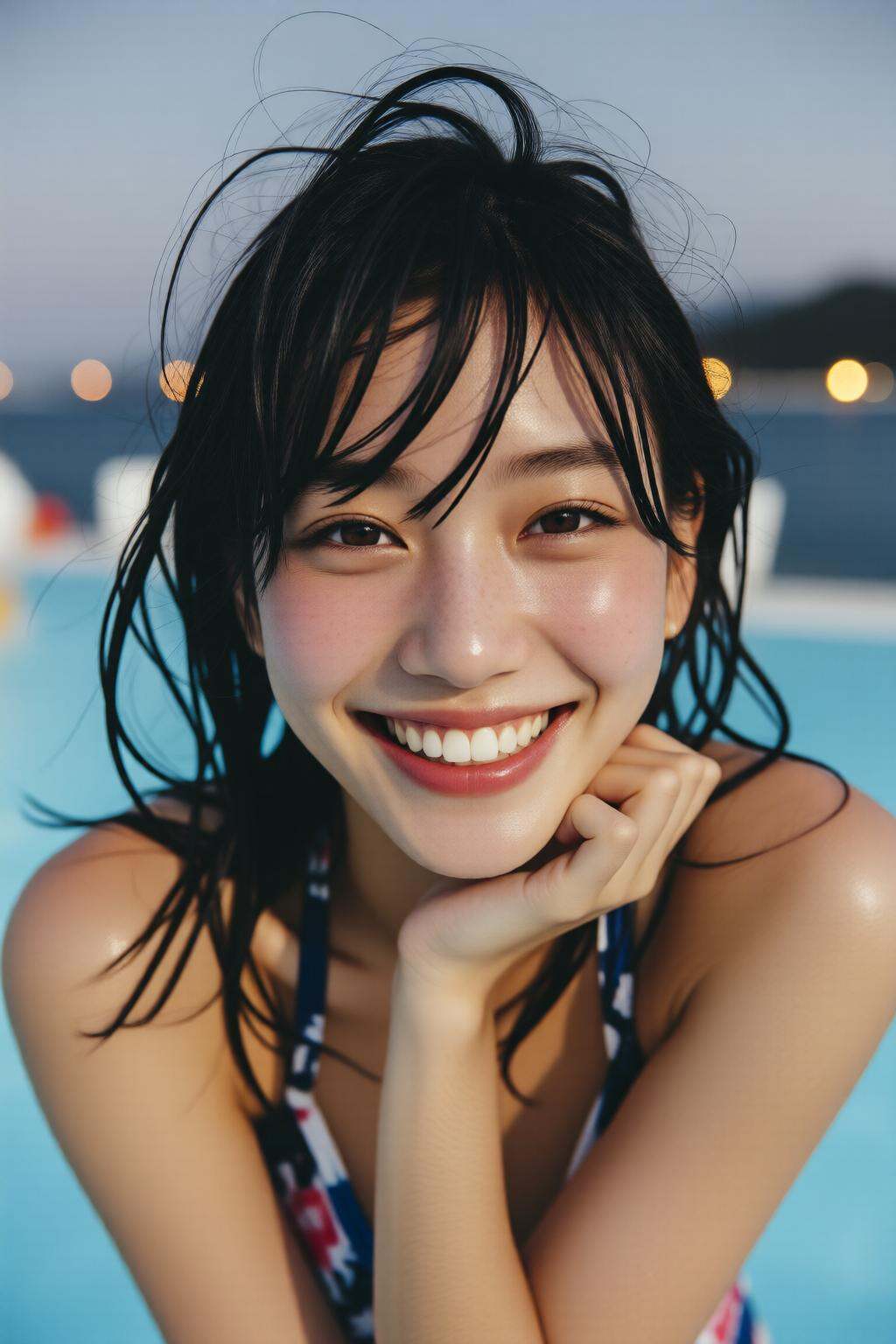 midjourneymix10q photograph.Close-up of an 18yo Japanese girl with dark hair styled in a messy bun wears a sleeveless top...