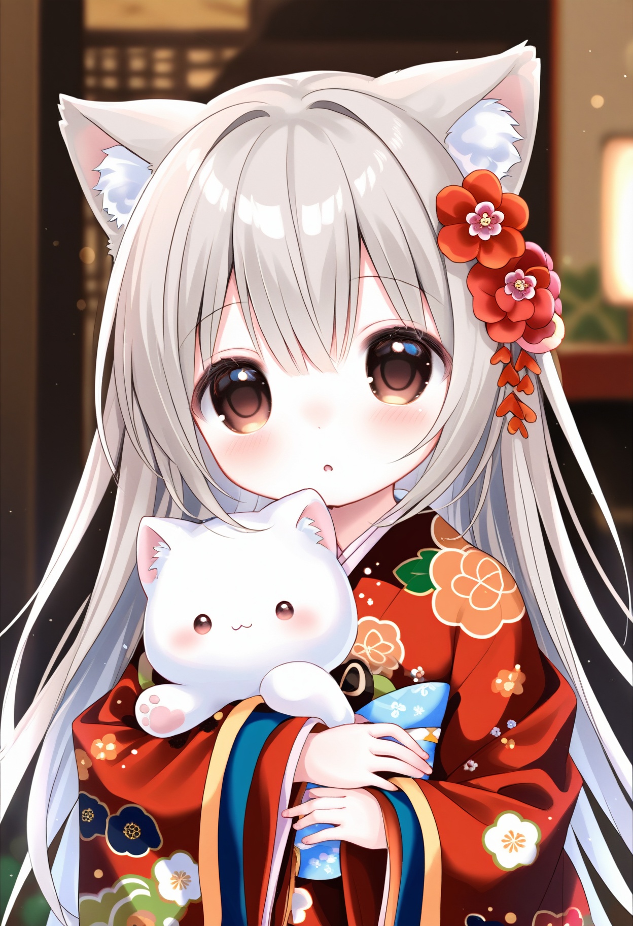 Elite,loli 1girl 1girl loli japanese clothes kimono animal ears animal long hair flower hair ornament red kimono hair flower animal ear fluff blush looking at viewer floral print bangs long sleeves solo upper body print kimono parted lips hair between eyes cat ears cat brown eyes red flower :o animal hug night holding animal grey hair wide sleeves blurry background,<lora:A401.1 XL 1.0:0.8>,