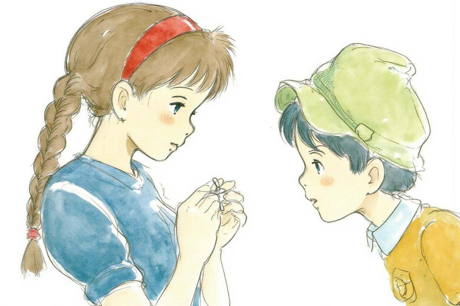 hayaomiyazaki2 illustration. Two children,  shown in side profiles,  are present. On the left is a young girl on Tensor.Art