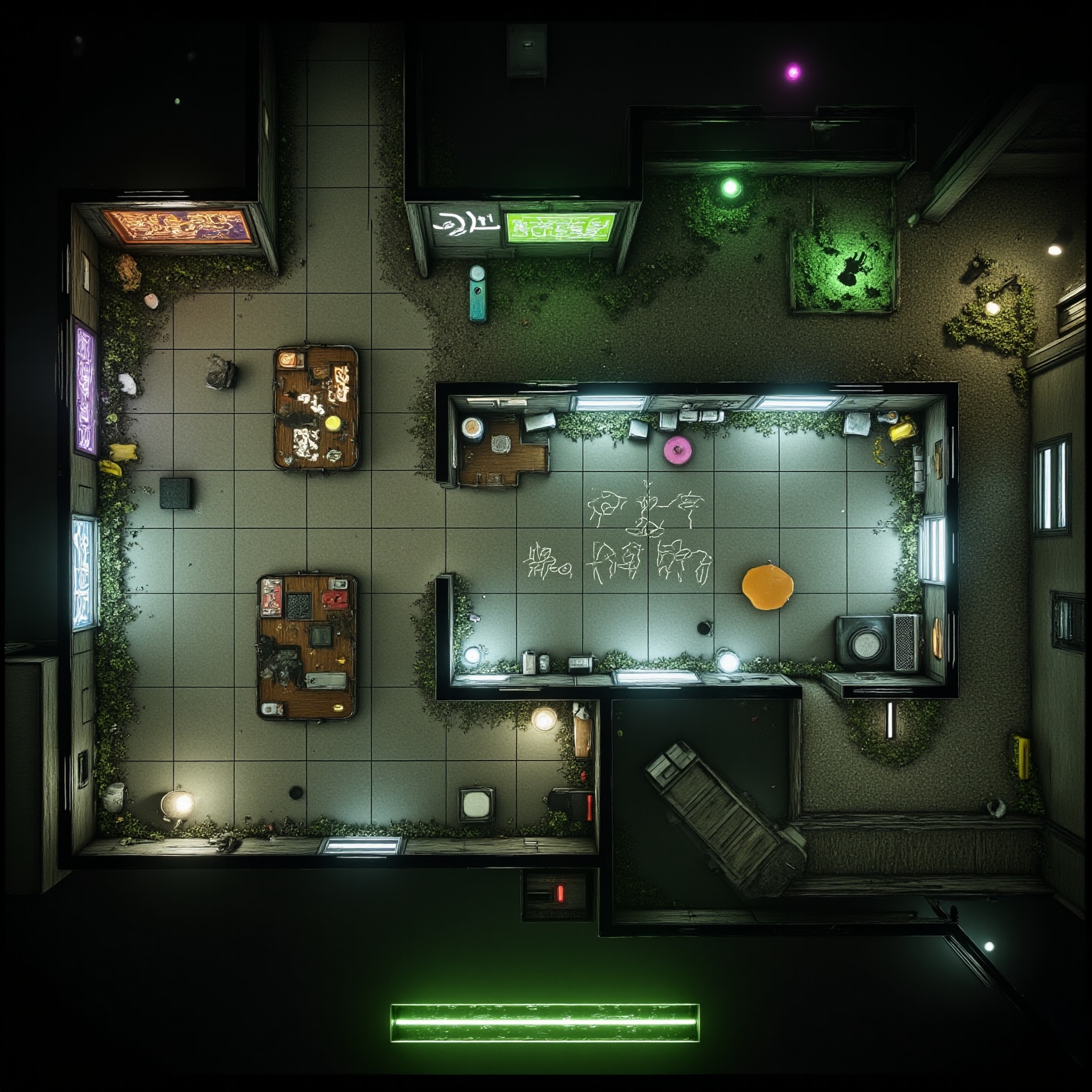 Top-down view of a cyberpunk metro station floorplan with flickering neon billboards,  graffiti-covered tile walls,  expos...