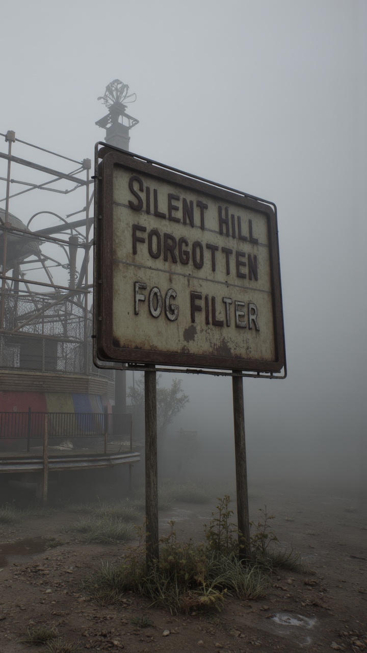 "A twisted carnival ride lost in the fog,  with 'Silent Hill - Forgotten Fog Filter' written in faded letters on a corrode...
