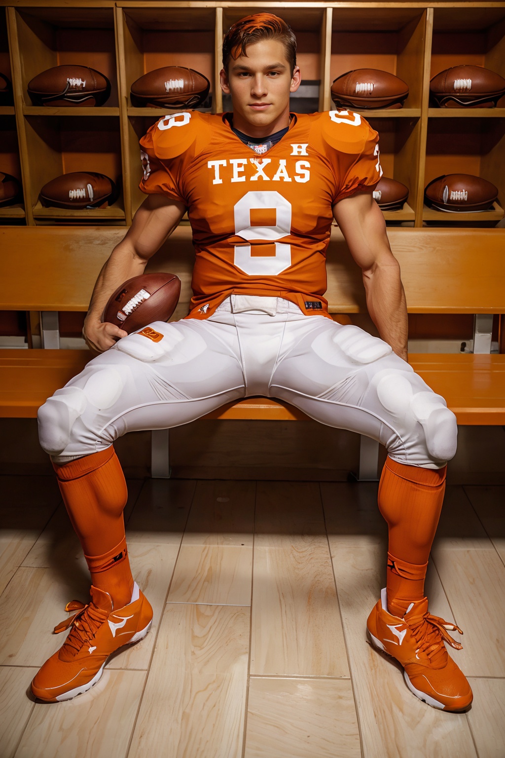 in an American football locker room,  (sitting on a bench),  legs spread open on Tensor.Art