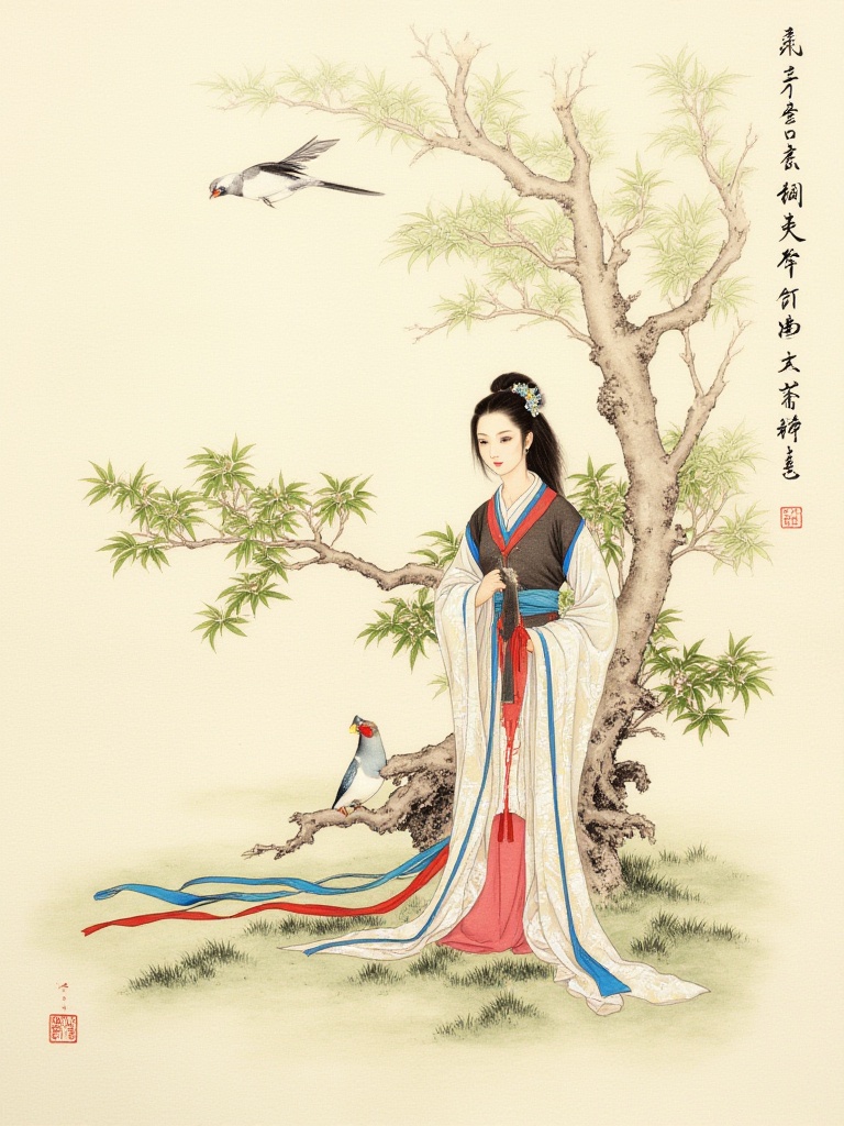 shinv,1girl, fine art parody, bird, chinese clothes, black hair, long sleeves, solo, hair ornament, tree, <lora:flux_国画_仕女图:1>
