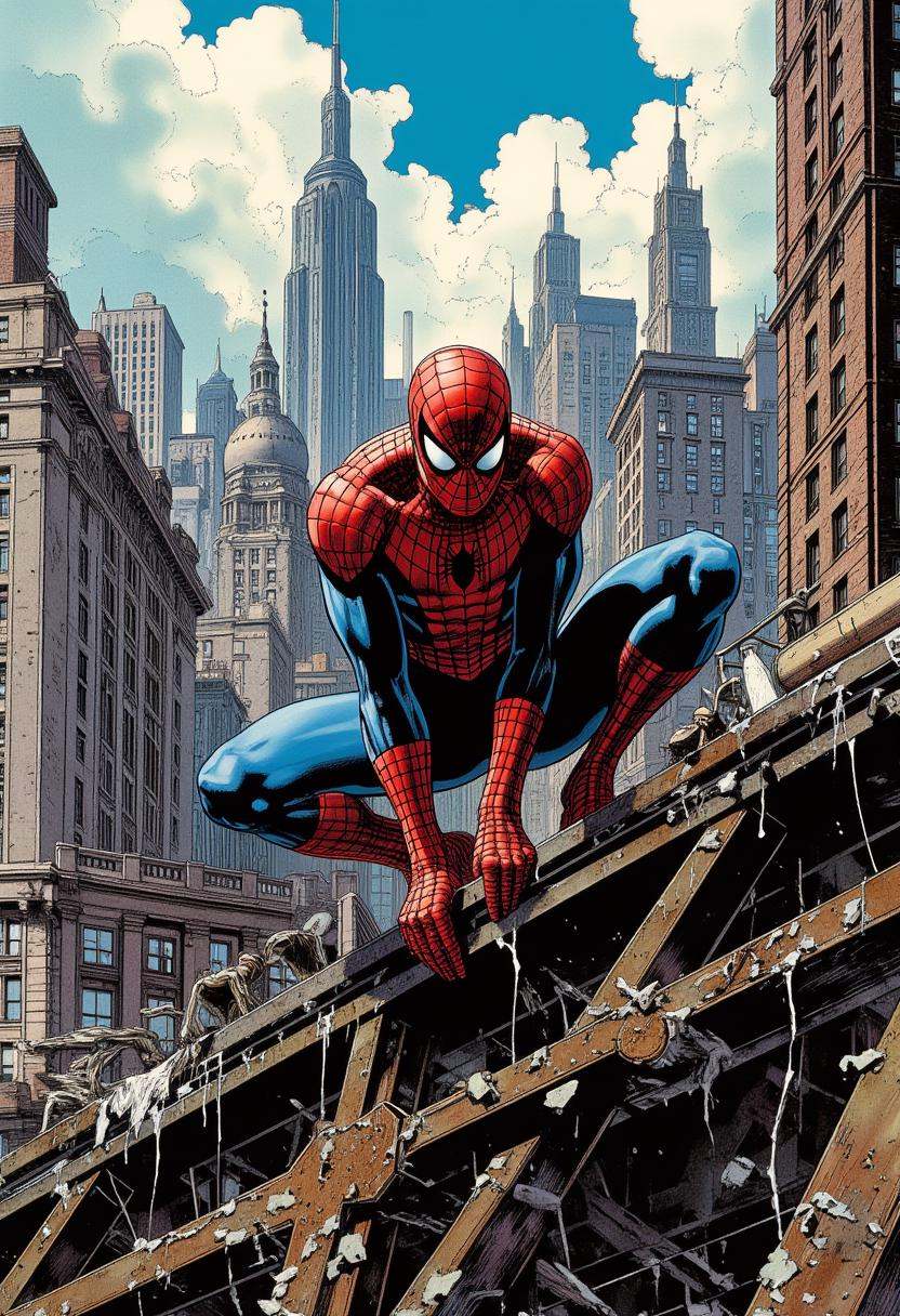 comic book style,  Spiderman,  crouching down on Tensor.Art