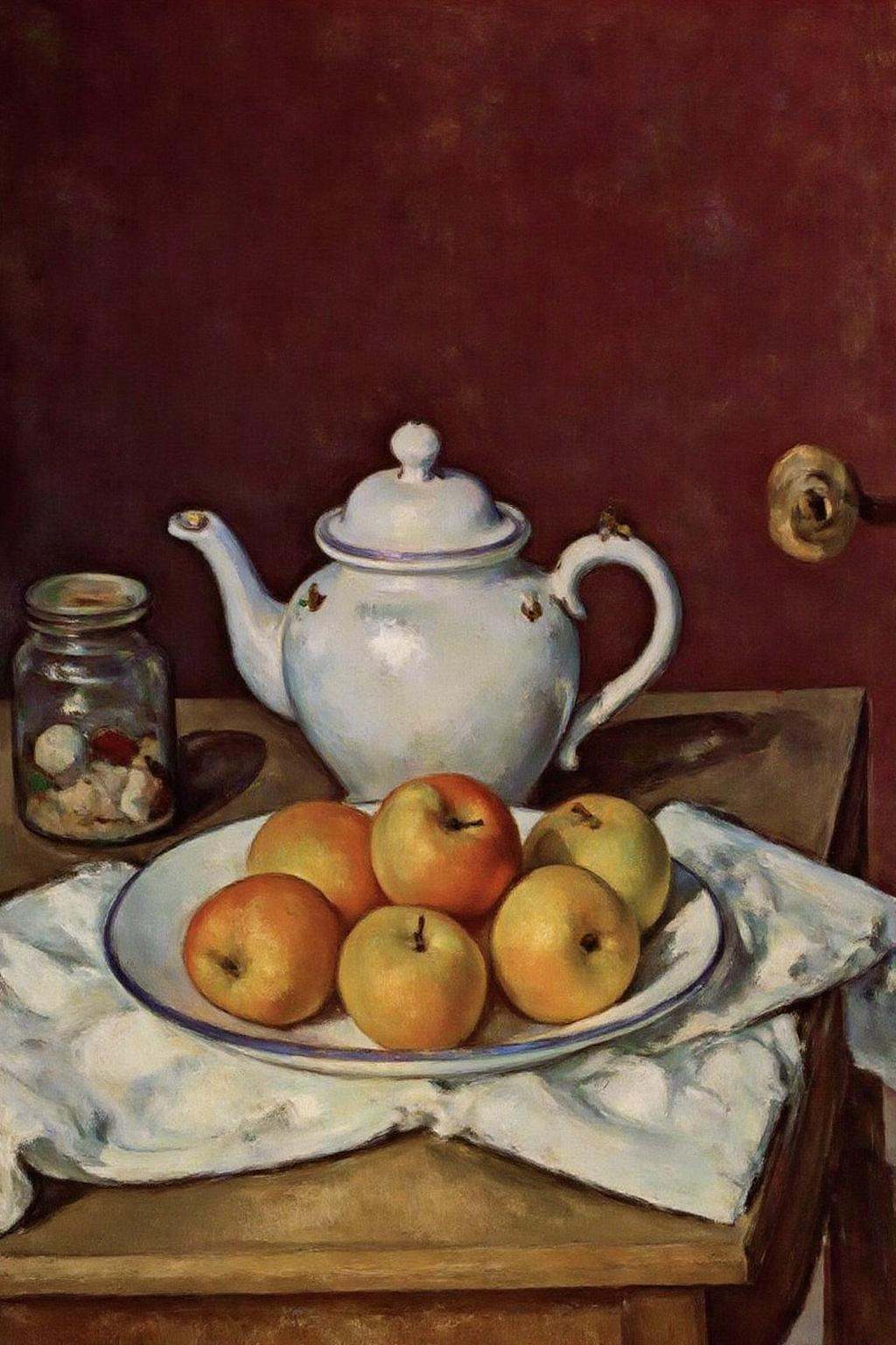 pau1cez painting. A still life arrangement on a wooden table in a dimly lit room. The central focus is a white ceramic tea...