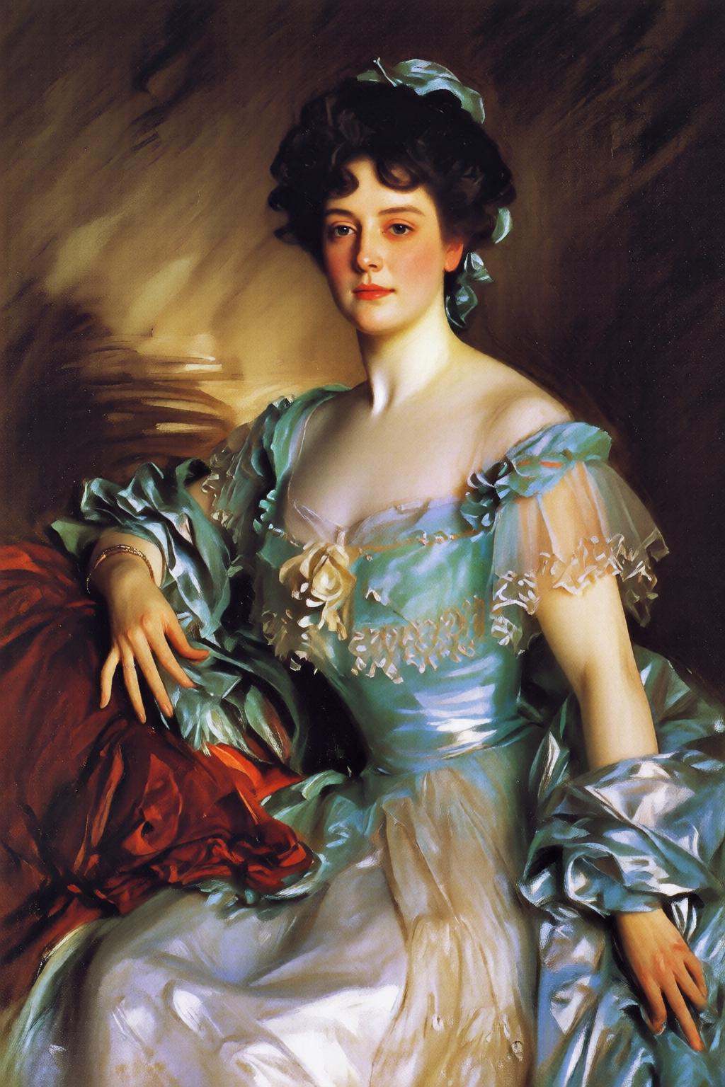 johnsingersargent6q painting.A woman in an elegant,  light blue gown with lace detailing and a matching blue ribbon in her...