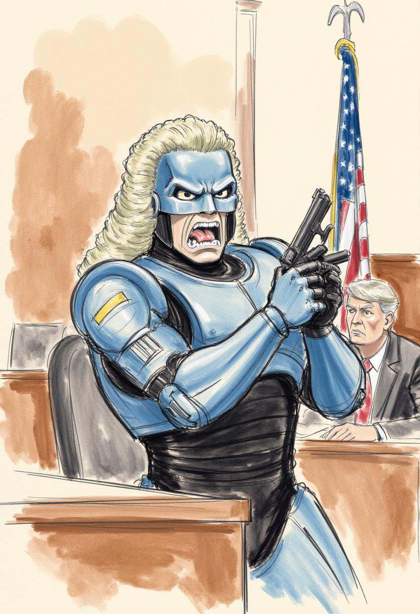 This is a detailed,  hand-drawn courtroom scene in a sketchy,  watercolor style depicting Robocop wearing a court wig look...