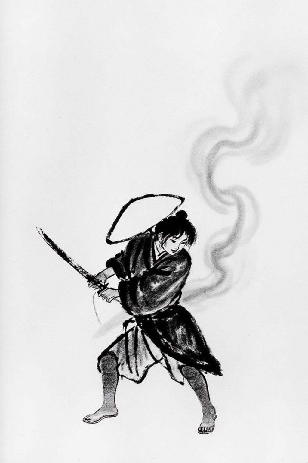 qbs1 minimalist ink wash painting.A female Japanese samurai warrior wielding a katana,  blending form with reality. Glitch...