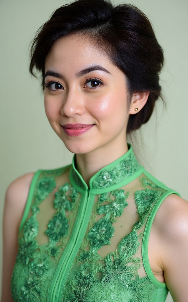 upper-body portrait of MarAlbert0,  a young Asian woman with dark hair in an updo,  wearing a green lace dress with intric...