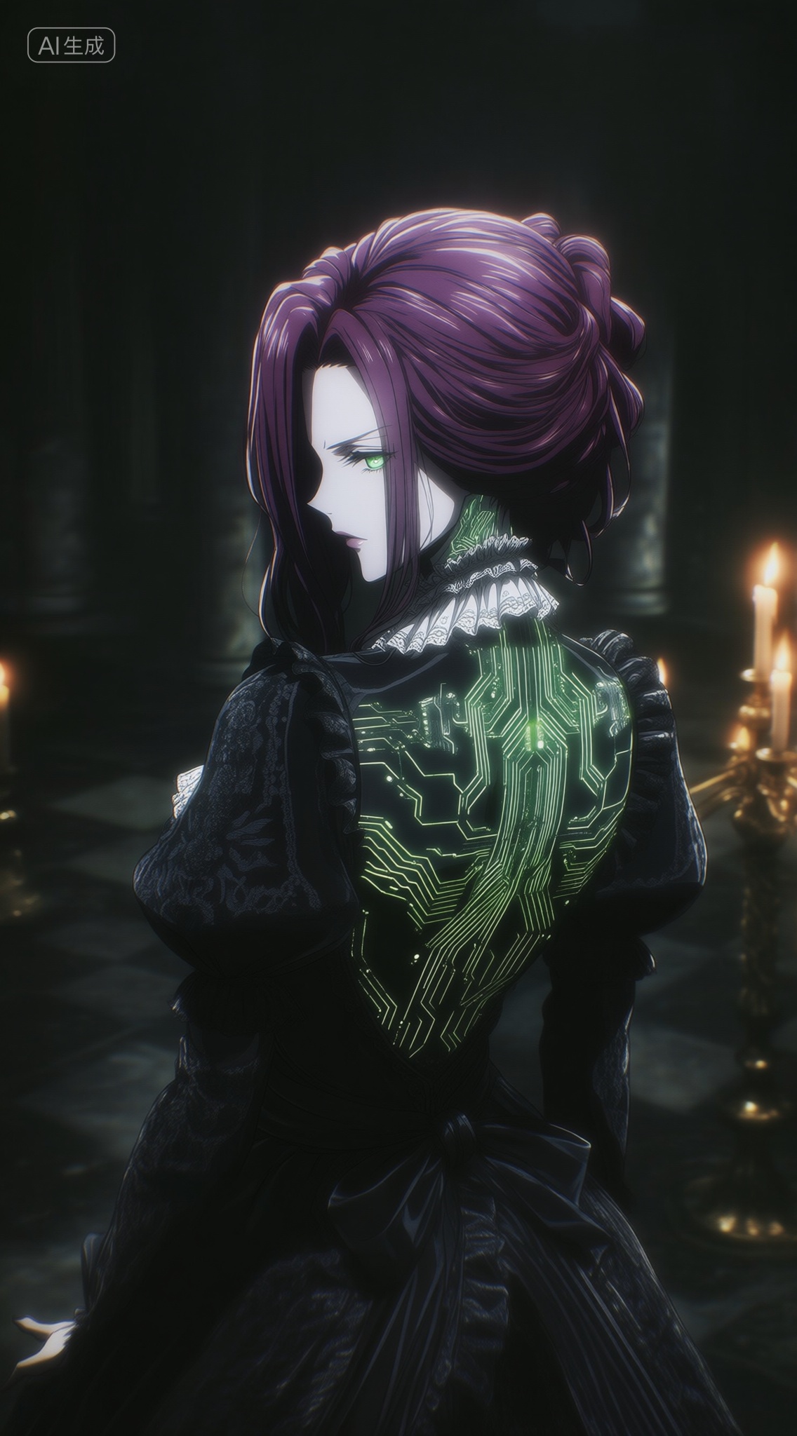 a digital illustration shoot from a profile camera angle about a mysterious female character with purple hair and glowing...