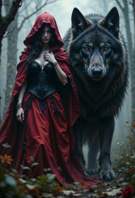 R3alisticF,  Highly detailed and dramatic digital artwork featuring a young woman and a large wolf in a misty forest. The...