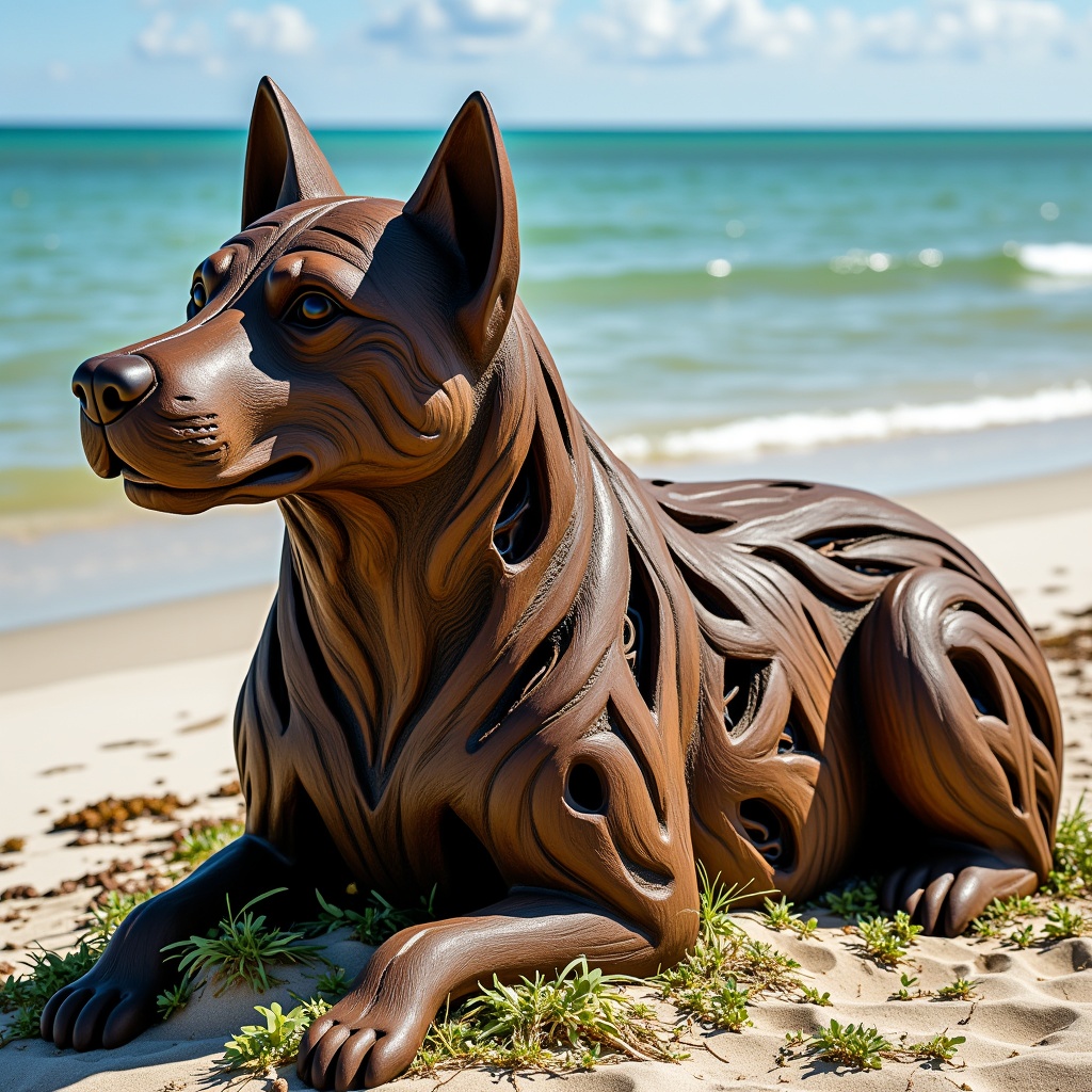 Cinematic,  dreamlike lighting,  gods rays on a derelict carved wooden old rust dog made of driftwood on Tensor.Art