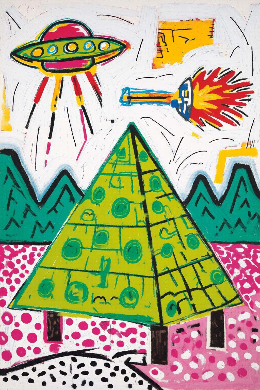 jeanmichelbasquiat2q painting.keithharing1A lime green pyramid covered in orange polka dots,  set on a pink and white dott...