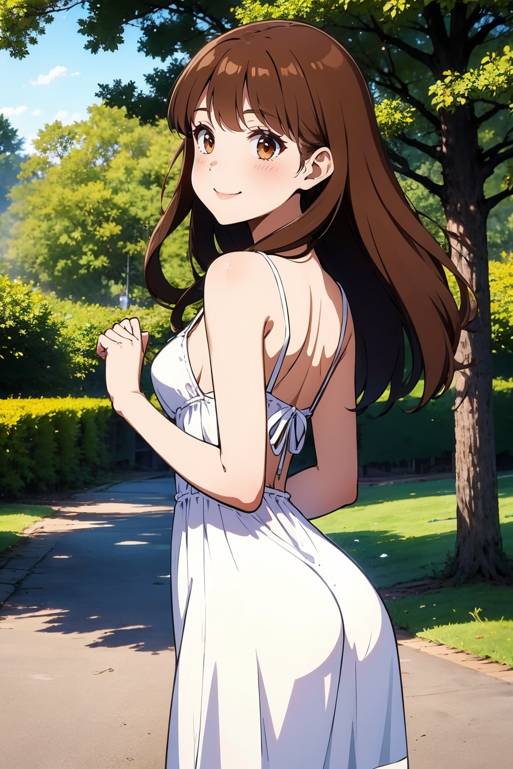 1girl, solo, outdoors, dress, long hair, smile, looking at viewer, white dress, blush, brown eyes, brown hair, breasts, ass, looking back, closed mouth, tree