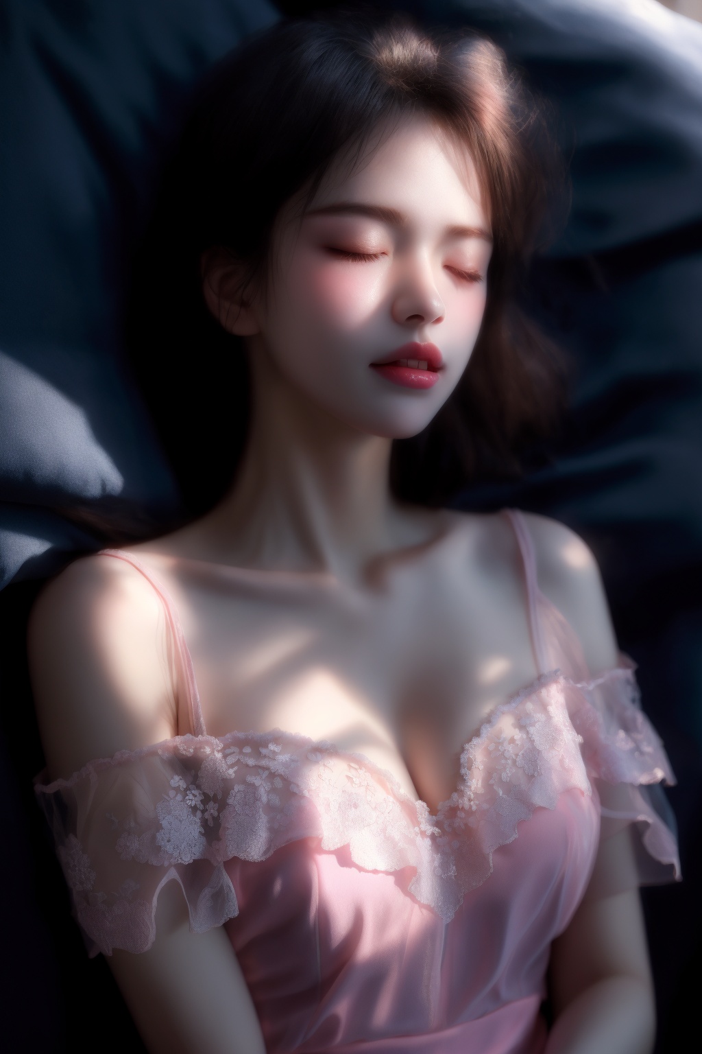 (Realistic, Hyperrealistic: 1.1)XHC sleep,1girl,solo,sleeping,lying,Silver hair,closed eyes,on back,bare shoulders,pillow,collarbone,off shoulder,tongue,short hair,realistic,soft light,(Klein Blue and Light Pink dress:1.3),(see-through:1.3),epic realistic,(dark shot:1.5),(darkness:1.5),(soft light:1.2),(breast:1.3),(cleavage:1.3),<lora:XHC soft light_20240716125739-000018:0.9>,(masterpiece, top quality, best quality, official art, beautiful and aesthetic:1.2),natural skin texture,high detailed skin,(detailed skin:1.5),photorealistic,extreme detail,lifelike,crisp,precise,35mm photograph,film,bokeh,professional,highly detailed, <lora:XHC soft light_20240716125739:0.5>