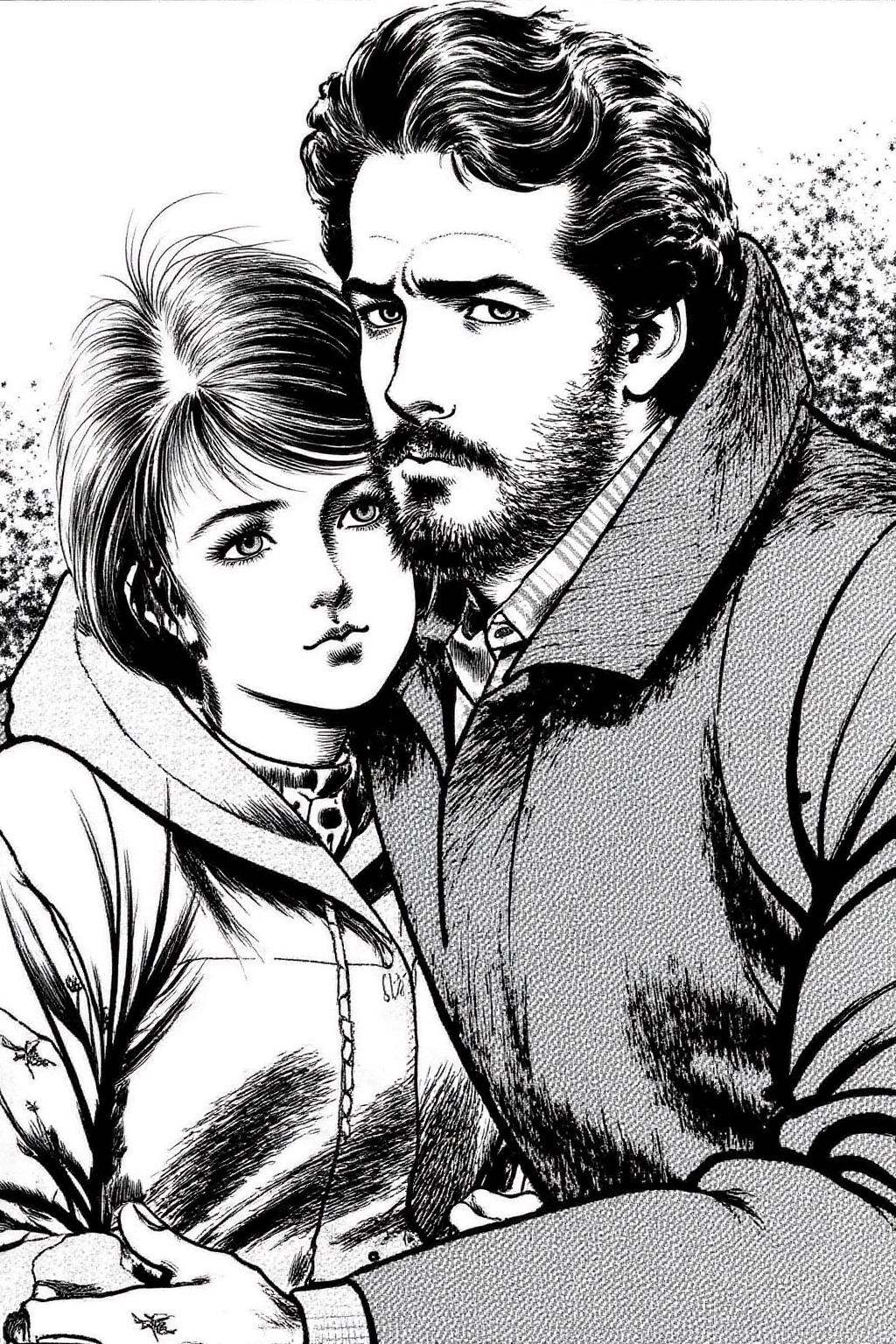 1keryo illustration.A tender moment between a man and a young woman,  seated closely together. The man is holding the youn...