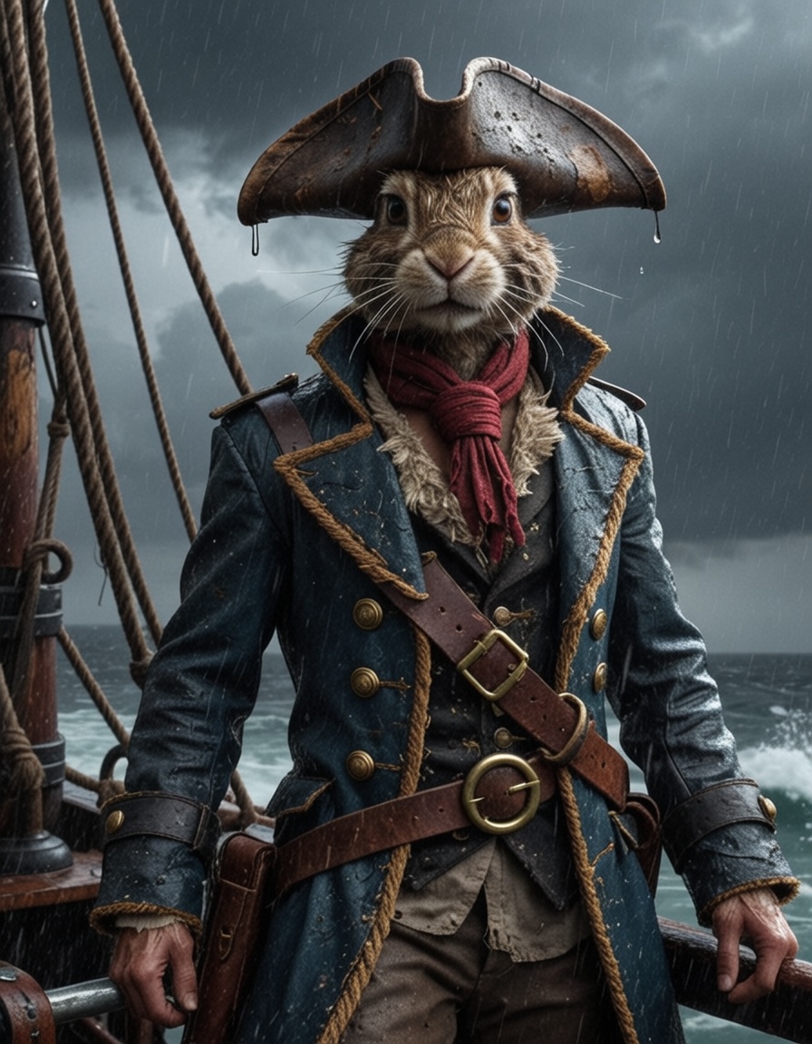 comic A dramatic,  cinematic,  and photorealistic portrait of a heroic anthropomorphic rabbit pirate at the helm of a stor...
