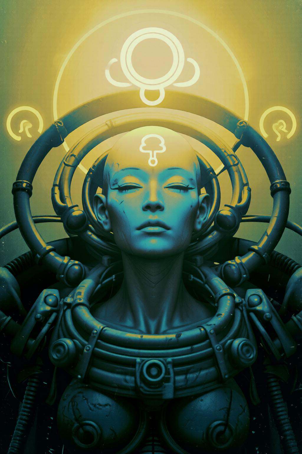 pascalblanche2q illustration.A bald humanoid figure with a serene expression,  wearing a metallic suit that appears to be...