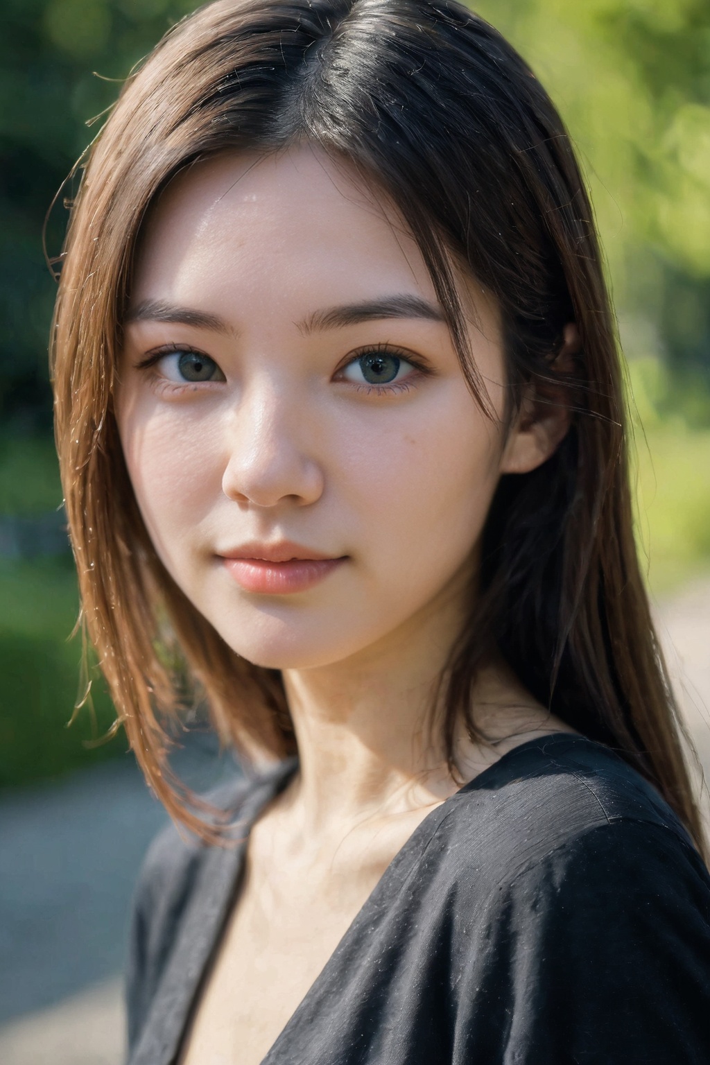 1girl, solo, looking at viewer, realistic, blurry background, blurry, outdoors