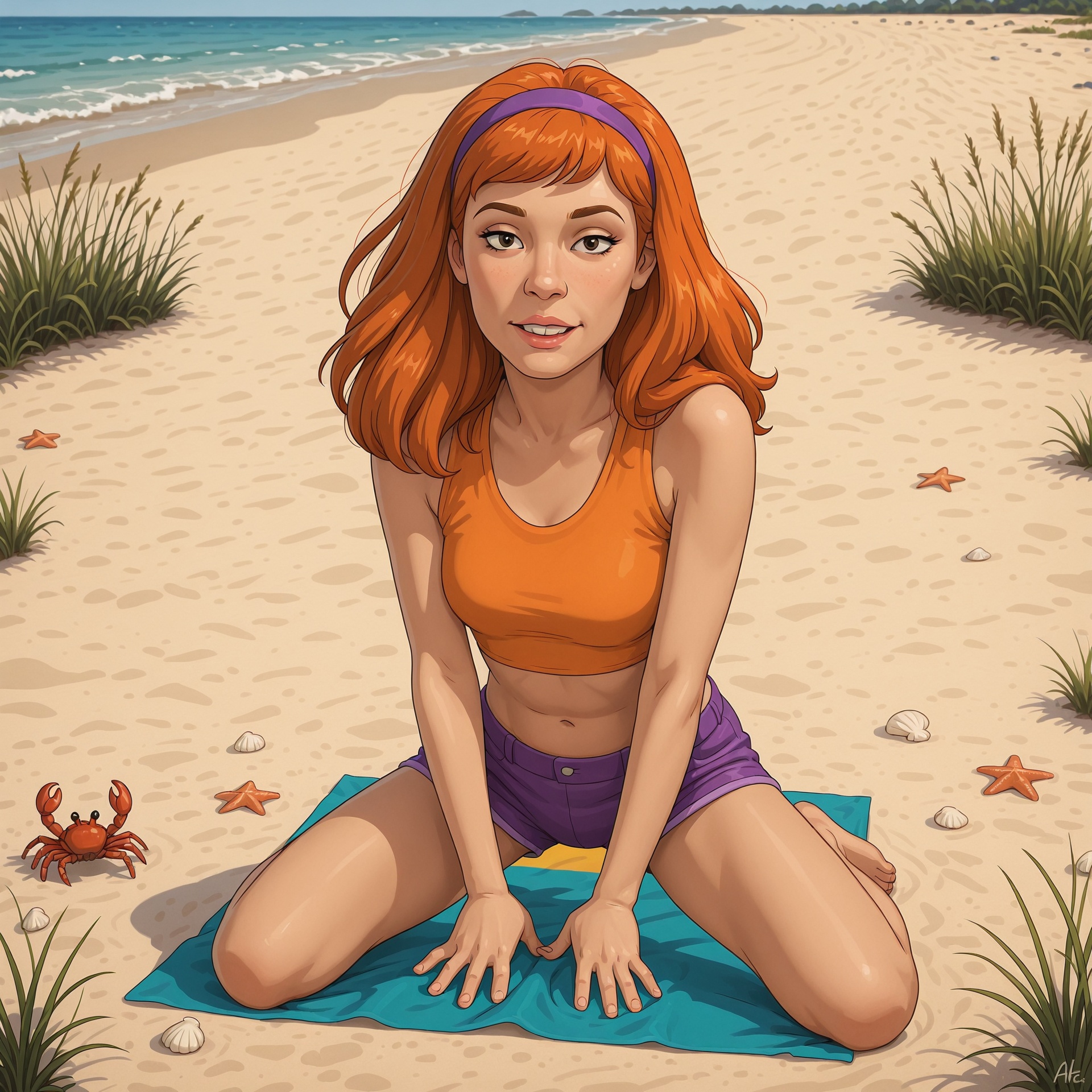 Daphne Blake from Scooby-Doo,  without glasses,  kneeling on a colorful playmat on the sand at the beach on Tensor.Art