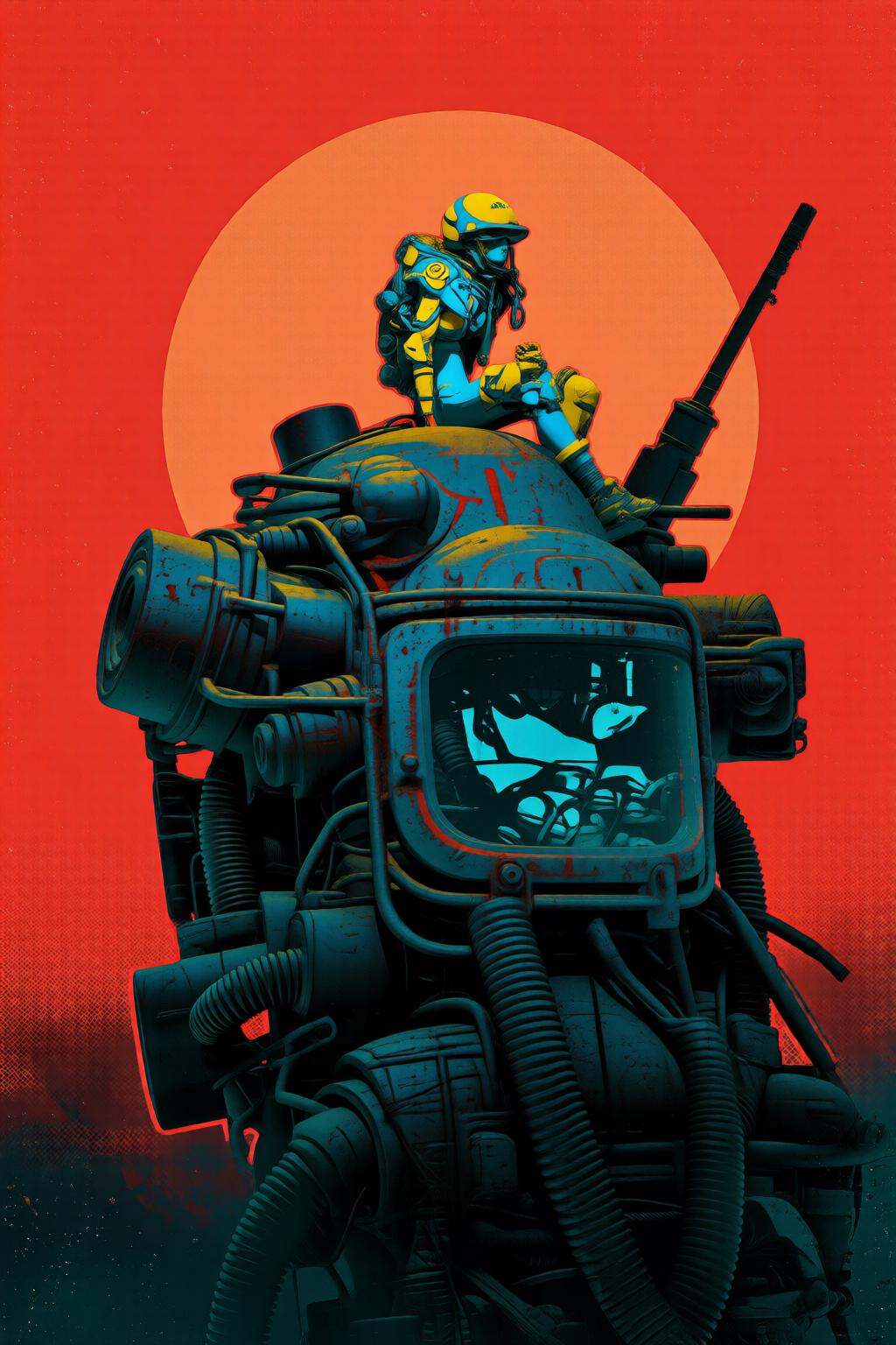 pascalblanche2q illustration. A large mechanical structure resembling a robot or vehicle with gears,  pipes,  and metallic...
