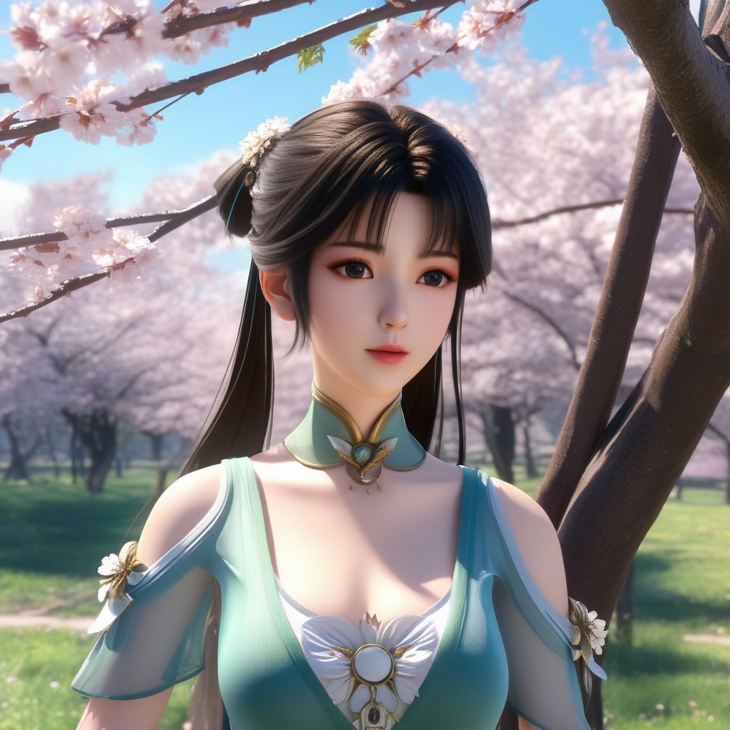 <lora:834-DA-XL-诛仙-碧瑶:0.8>, (,1girl, ,best quality, ),,  ultra realistic 8k cg,ultra detailed 8k cg,masterpiece,upper body,  (( , )),, ,science fiction,mole, ,    ,outdoors, sun,sunlight, cherry blossoms,      (cleavage),,  (),