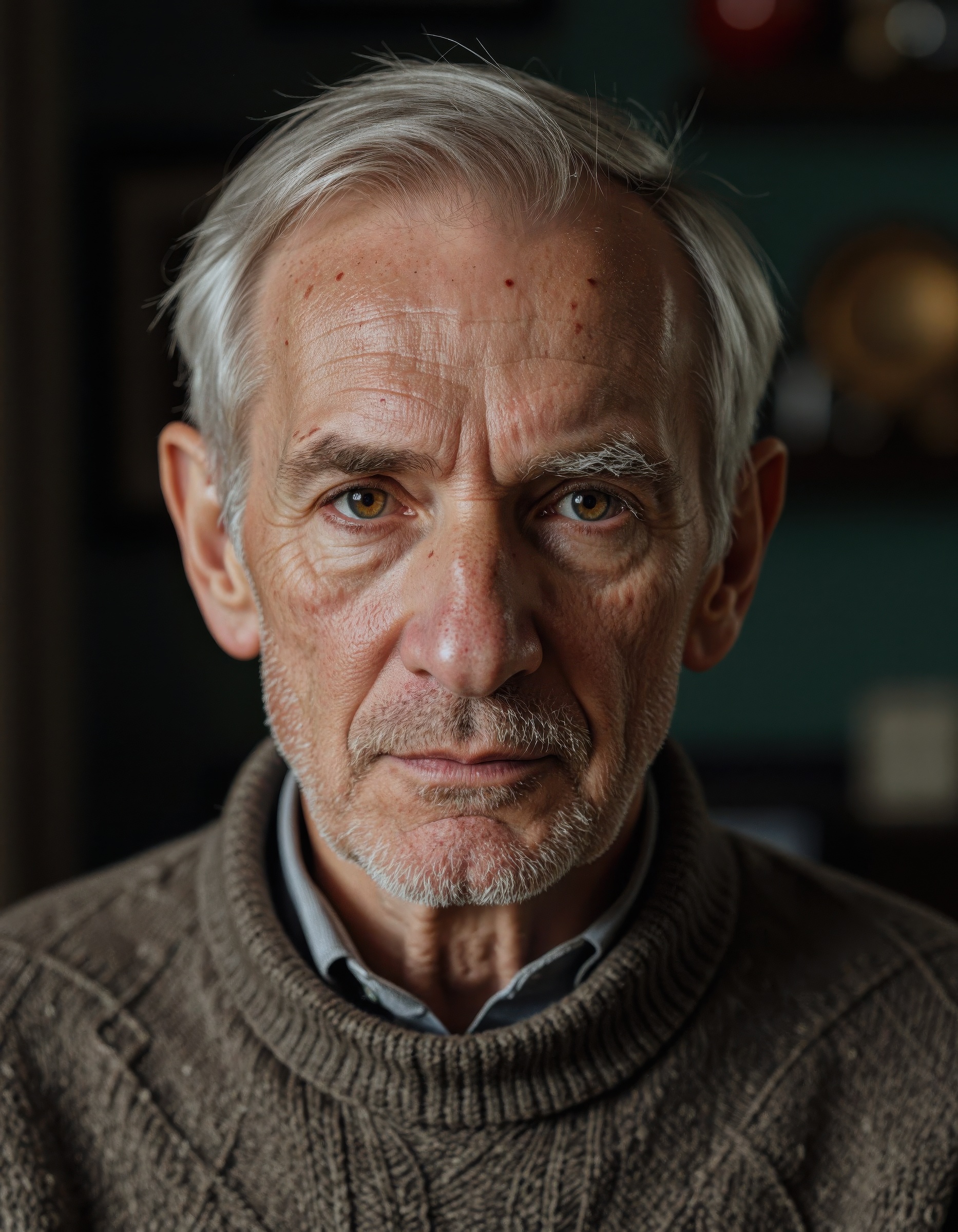 elderly man captured from the upper body up,  wearing a wool sweater,  staring directly at the viewer with soulful reflect...