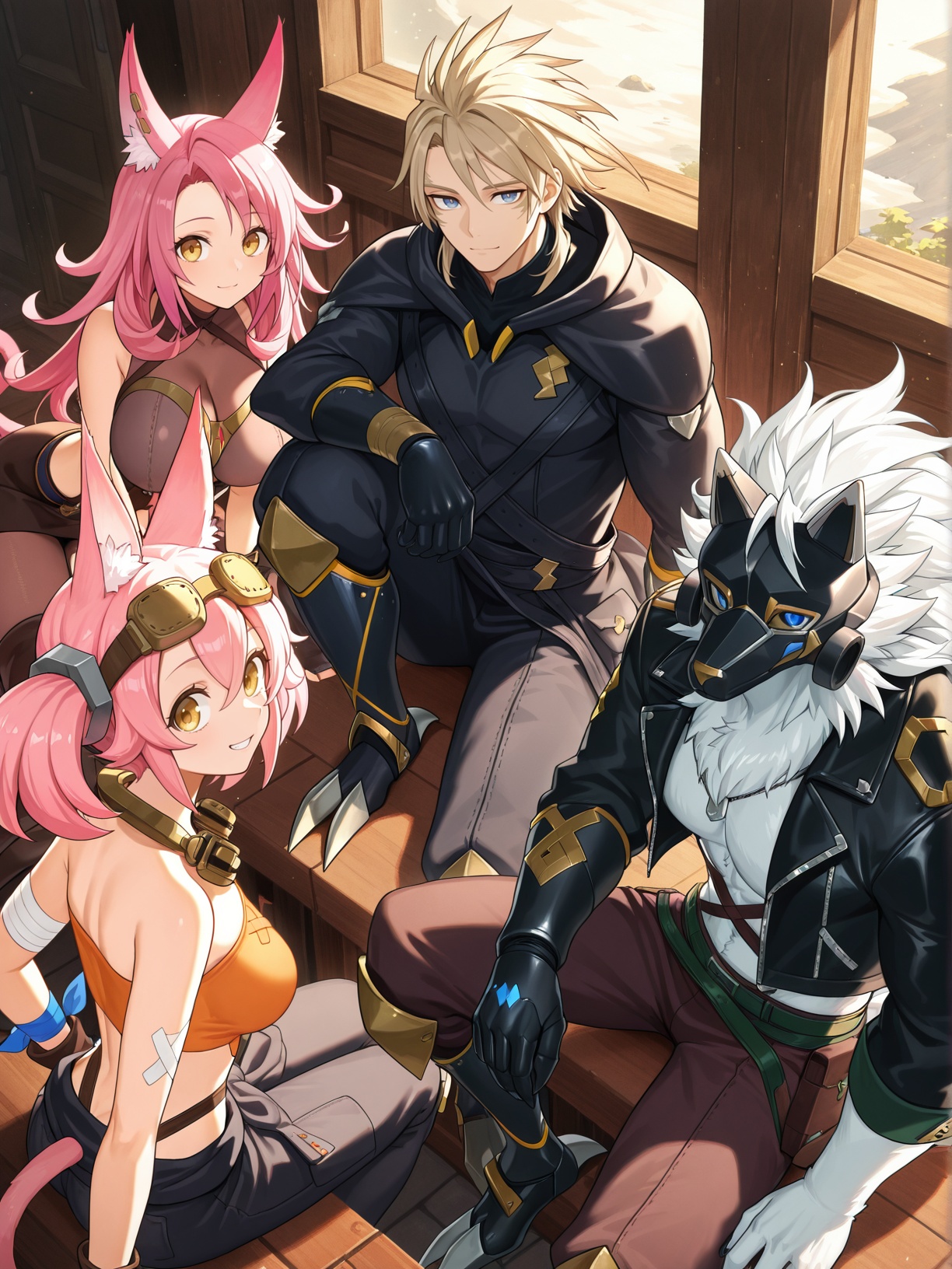 2girl,  2boys,  sitting on Tensor.Art