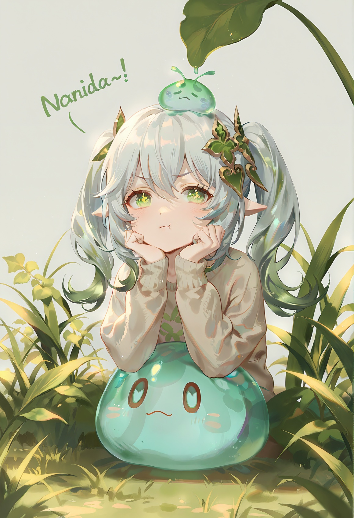 {{{nahida (genshin impact)}}},  twintails, on_head, slime, slimel_on_head, green slime, solo, looking_at_viewer, long_hair, grass,leaf,slime_on_head, head_rest, animal, simple_background, grey_background, :t, long_sleeves, hair_between_eyes, upper_body, grey_shirt, shirt, pout, bangs, closed_mouth, sweater, english_text, best quality,amazing quality,very aesthetic,absurdres,masterpiece,